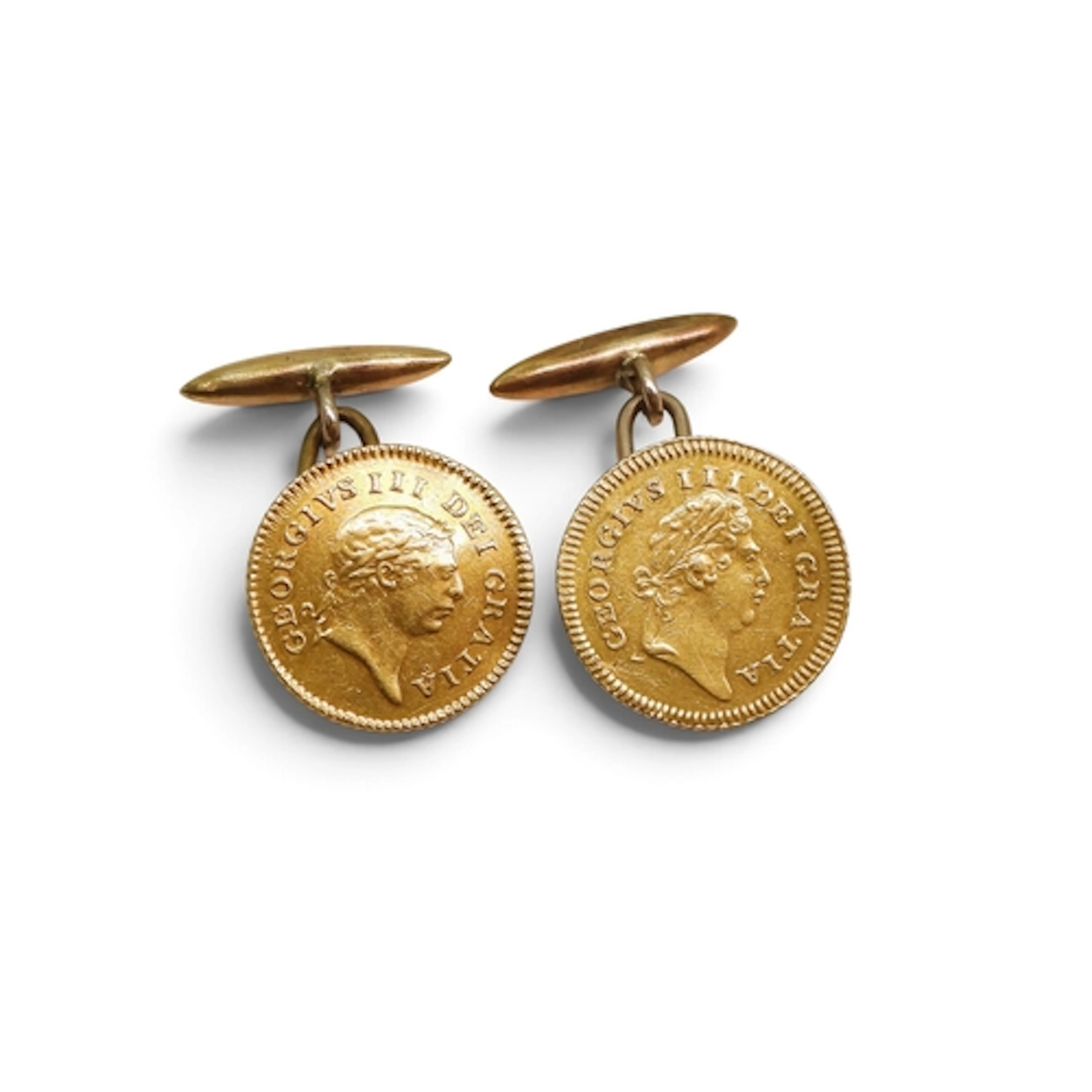 A pair of George III, 3rd Guinea coins soldered onto yellow ...
