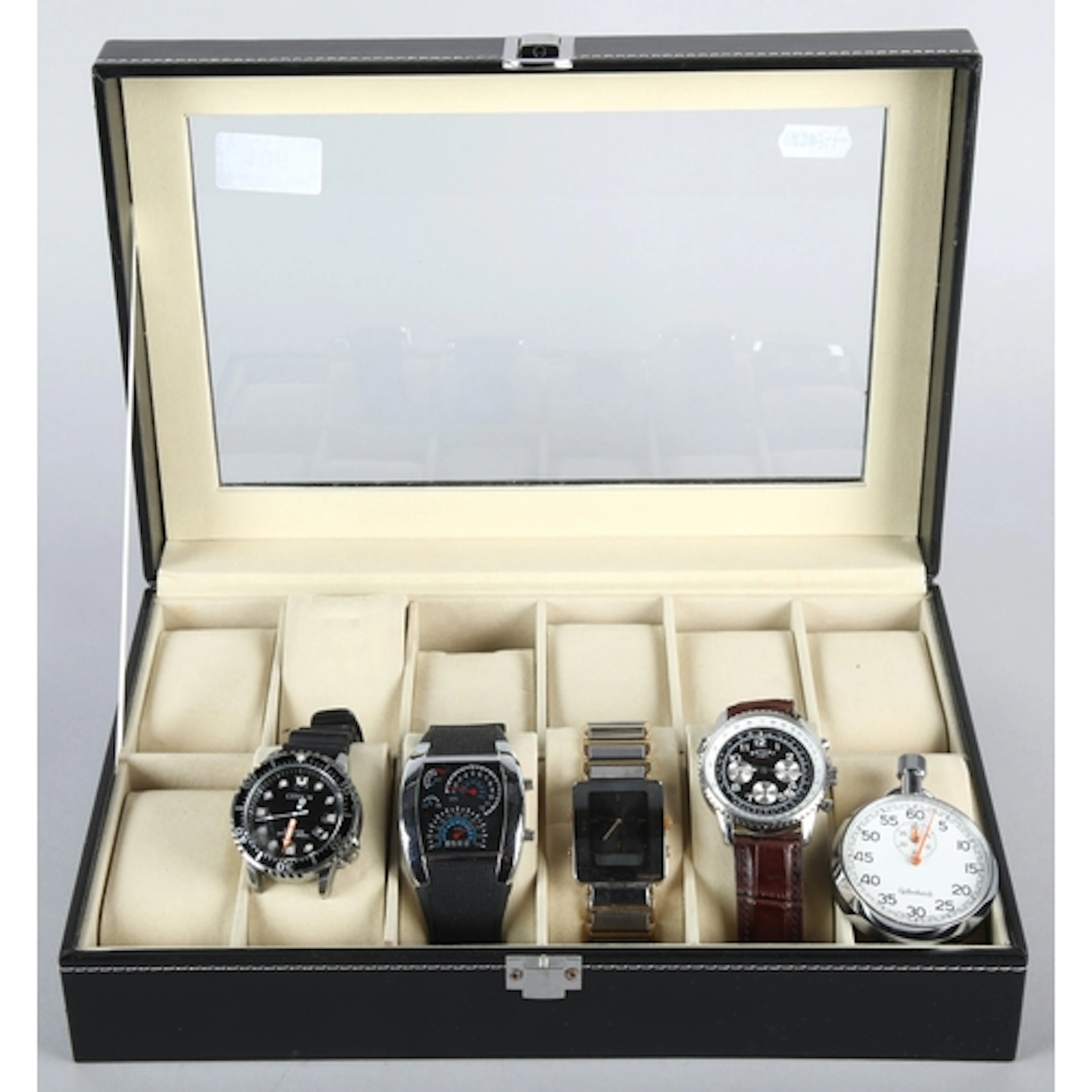 Four assorted gents wrist watches and a stop watch.