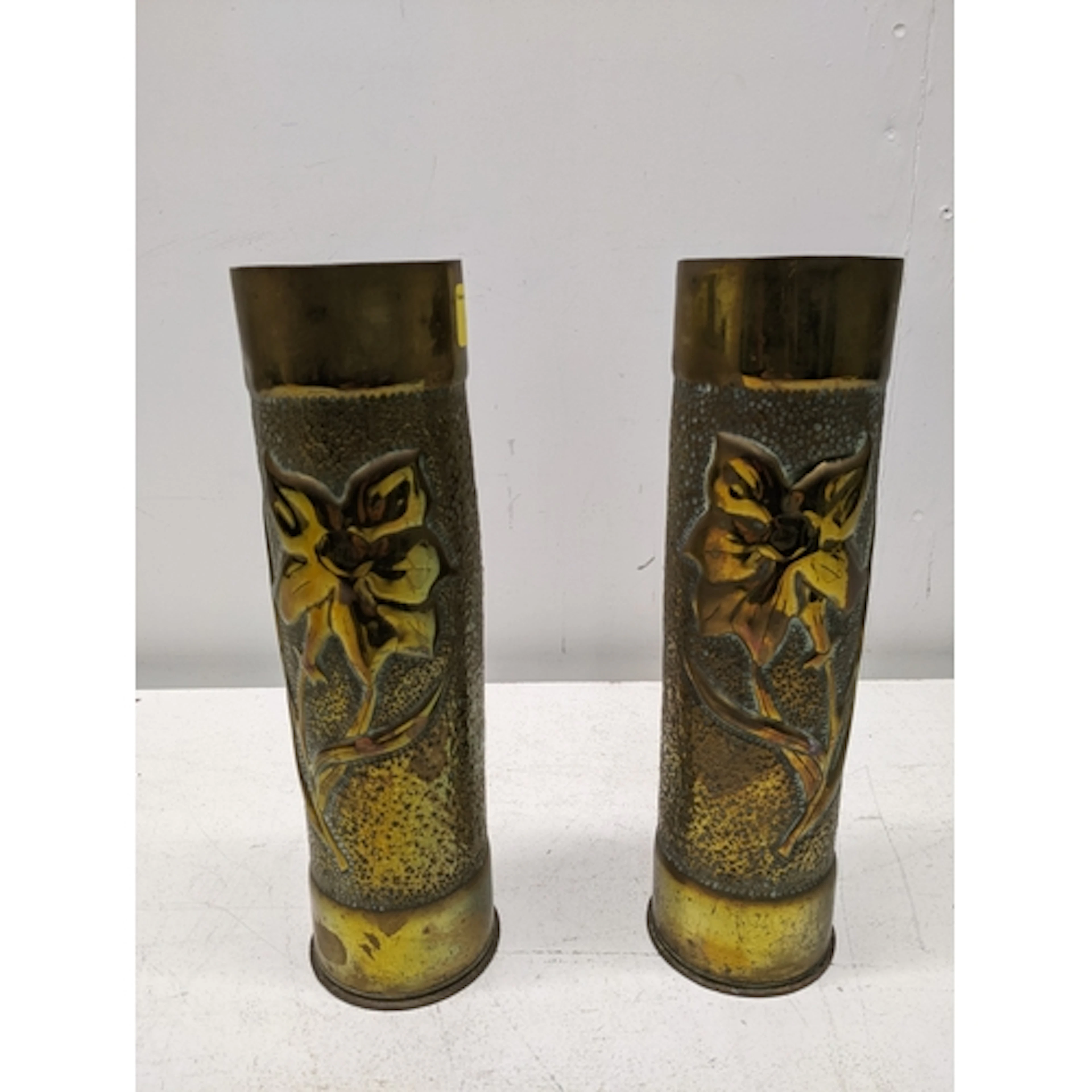 Two French WW1 trench art 75mm artillery shells in brass, wi...