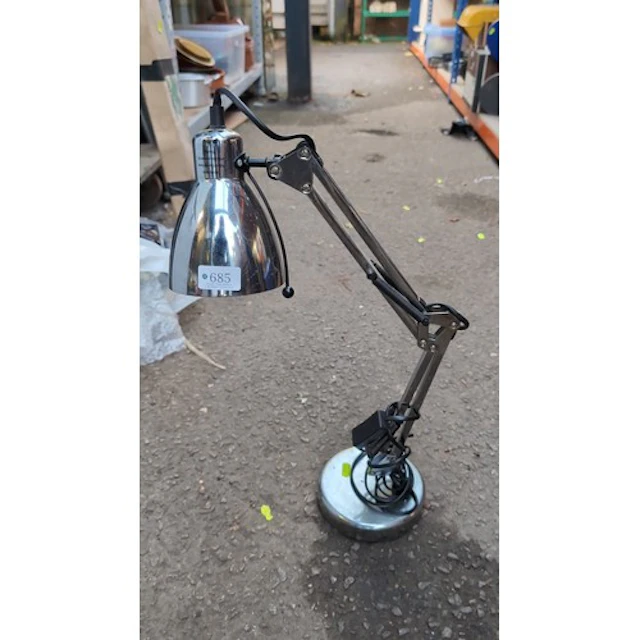 Chrome-finish adjustable desk lamp with a bell-form metal sh...
