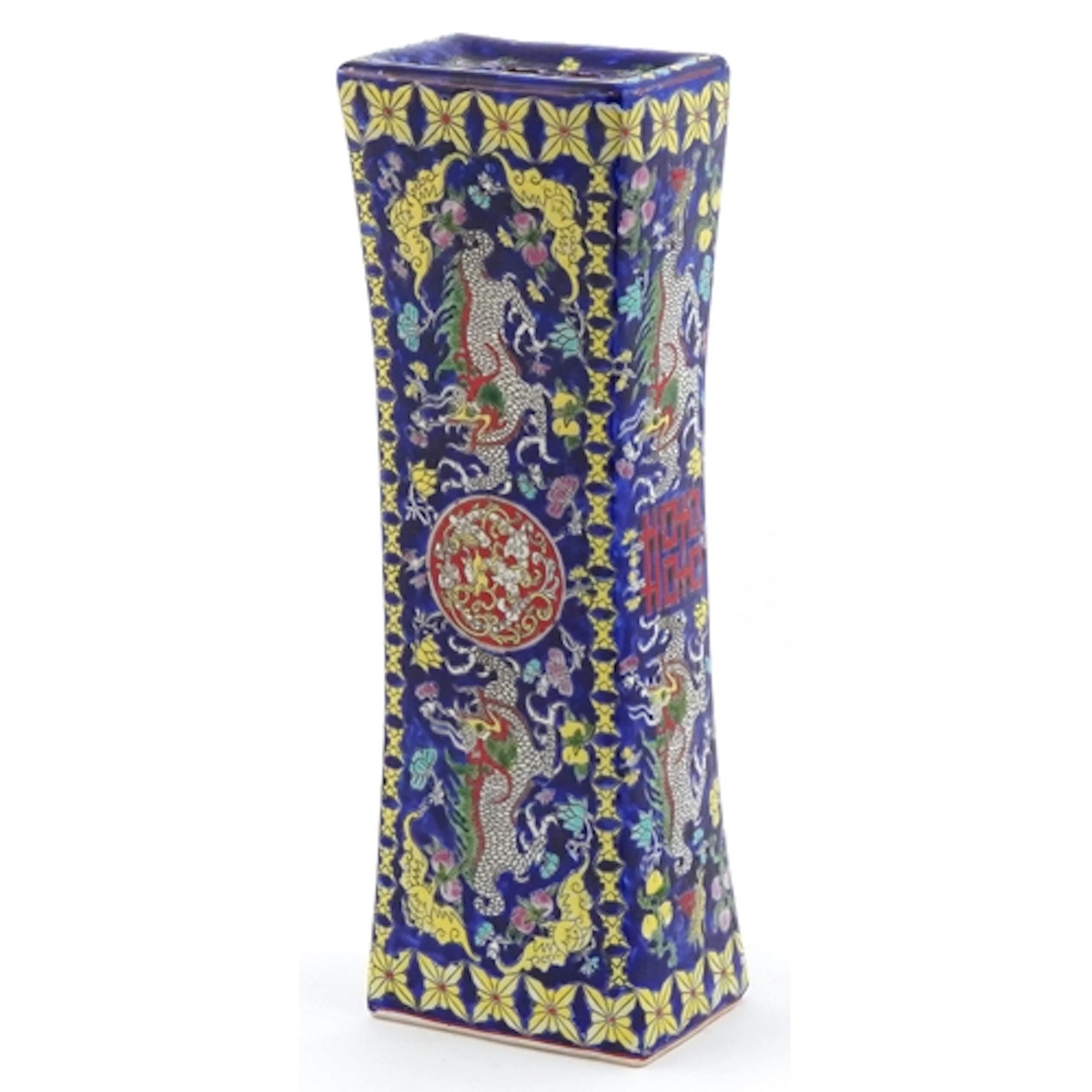 Chinese blue ground enamelled vase/pillow with dragons chasi...