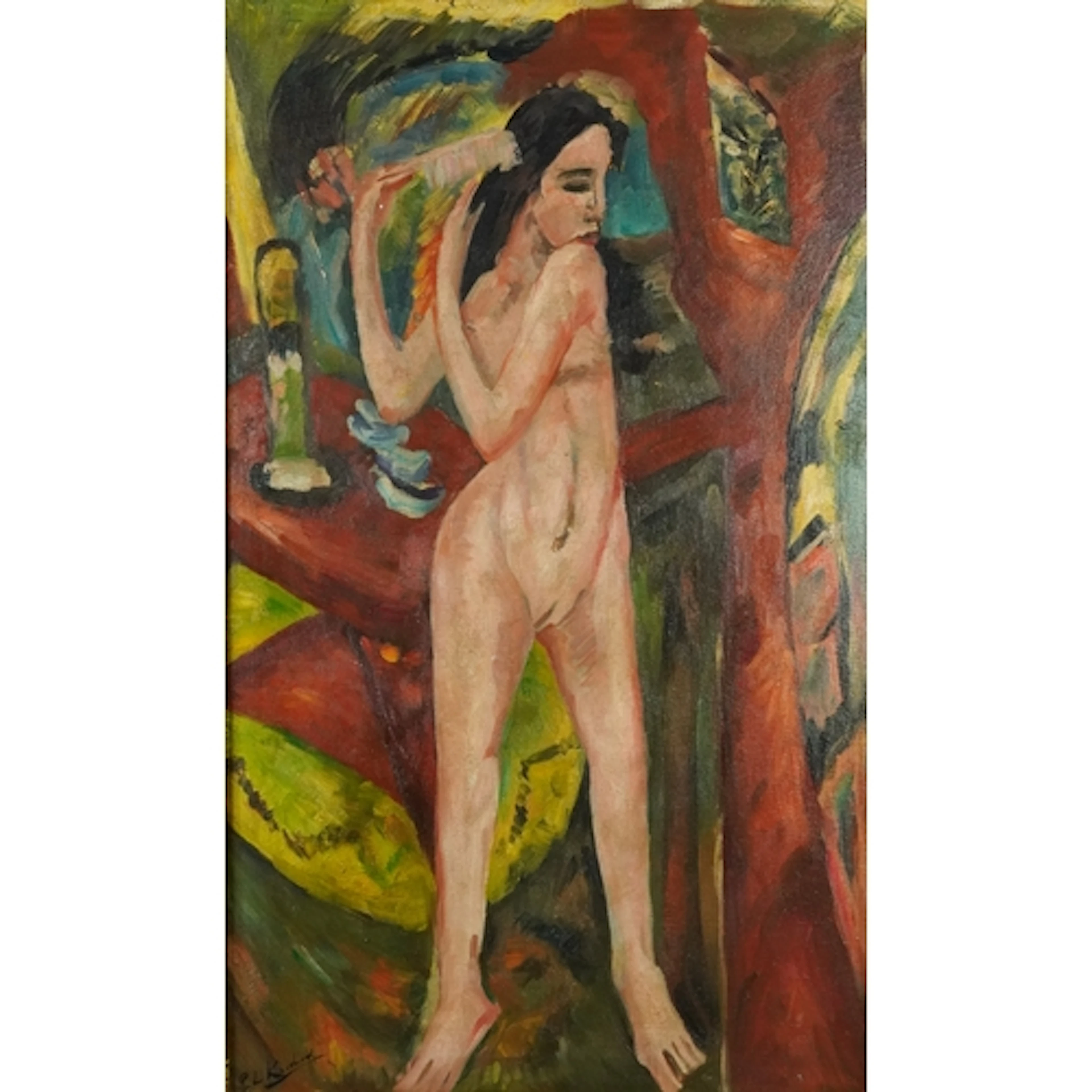 Manner of E L Kirchner - Standing nude female brushing her h...