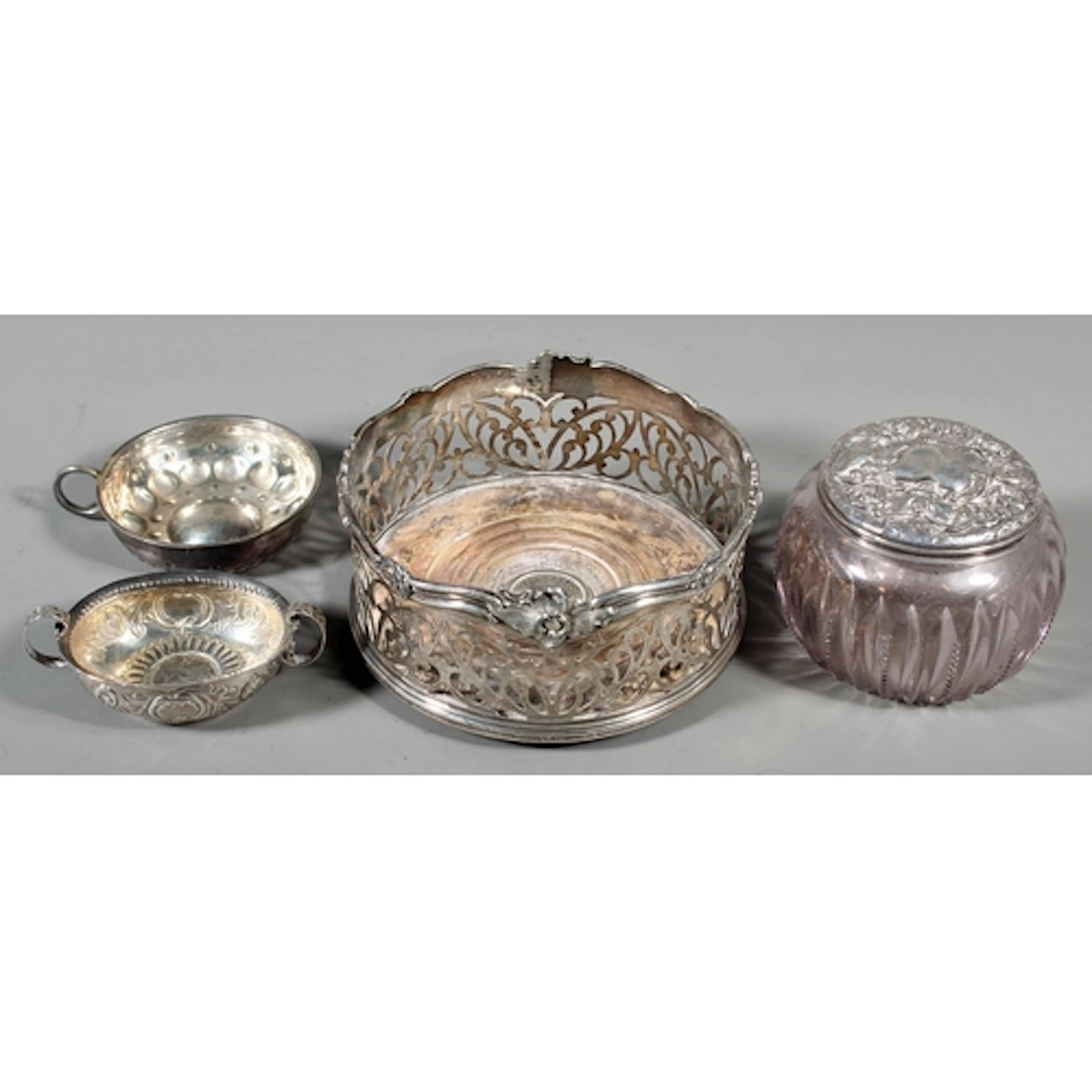 Antique white metal twin handled salt bowl inset with 1787 G...