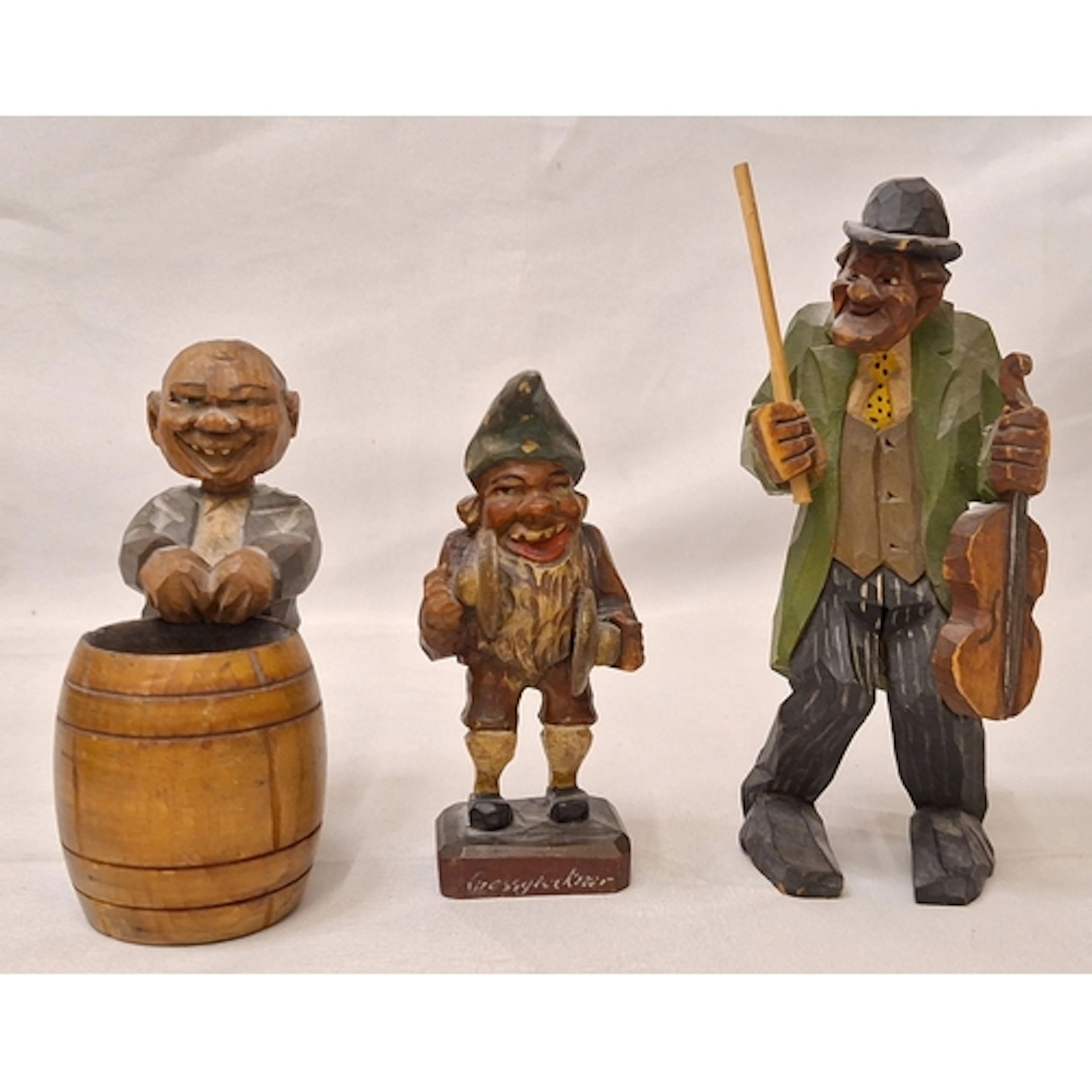 3 Vintage European Folk Art Carved Wooden Figurines incl. gn...