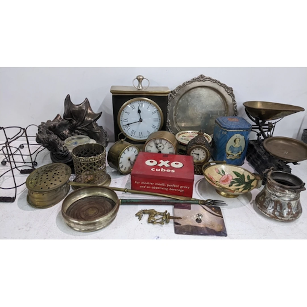 A mixed lot to include desk clocks, weighing scales, vintage...