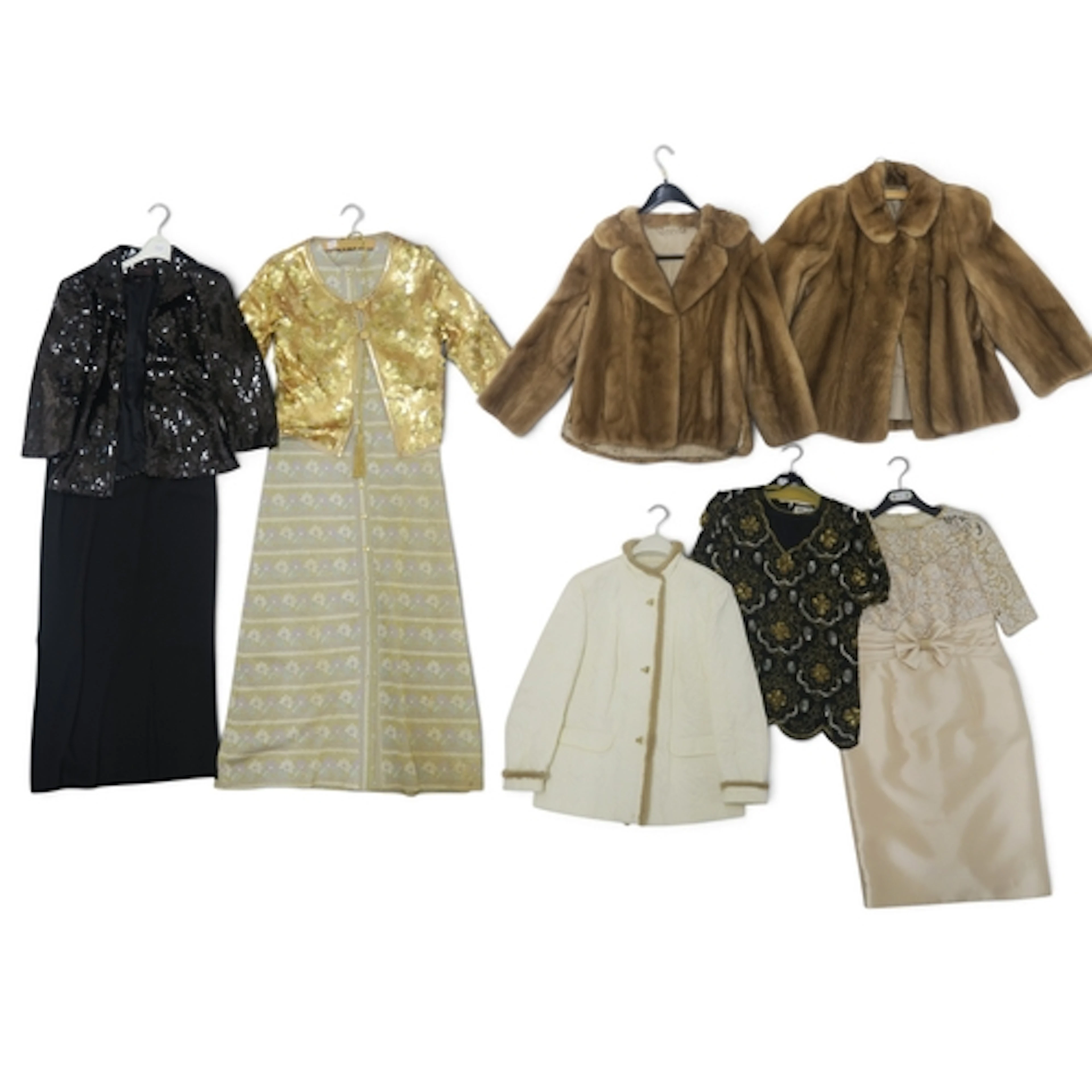 A collection of vintage ladies eveningwear including a black...
