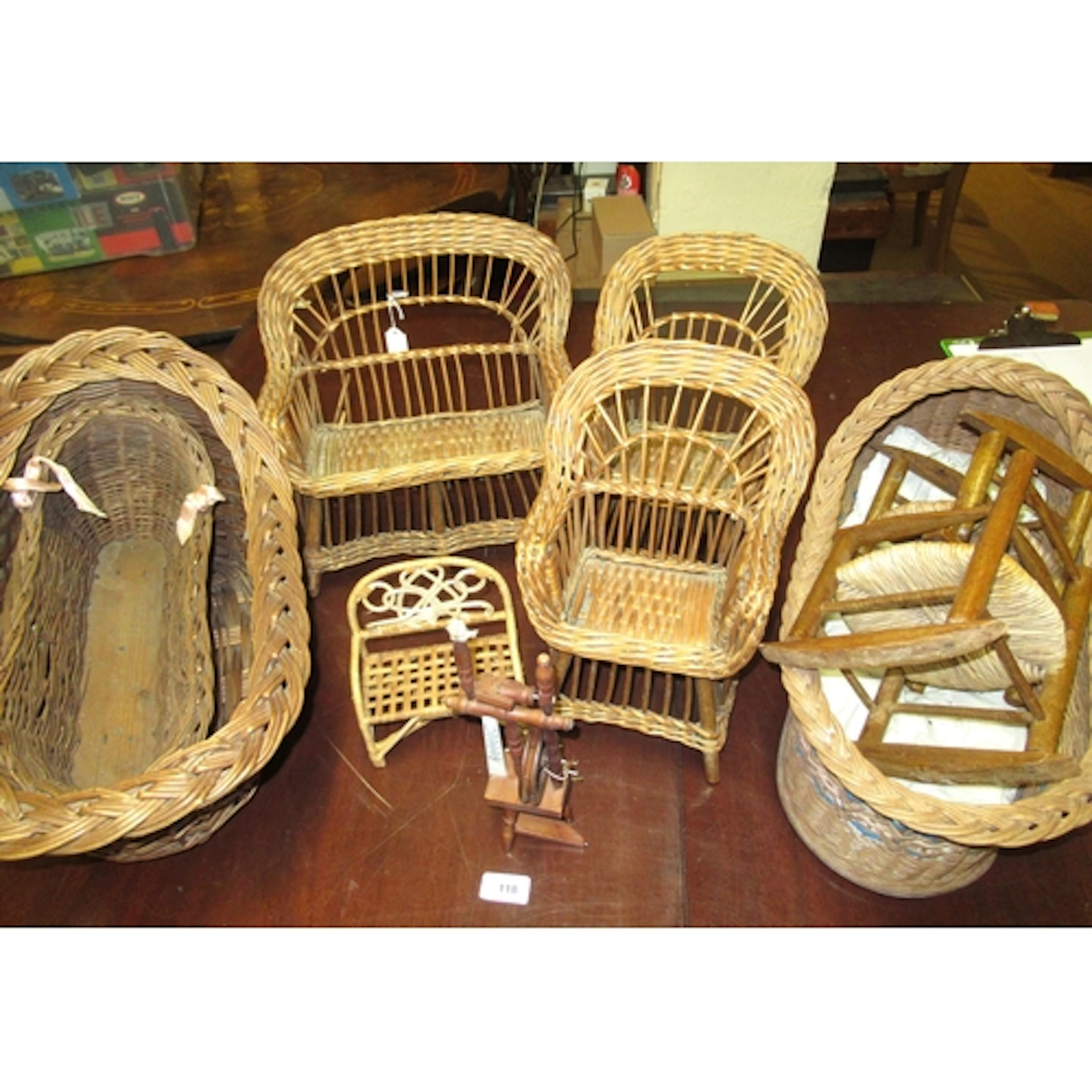 Box containing a quantity of larger size wicker dolls furnit...