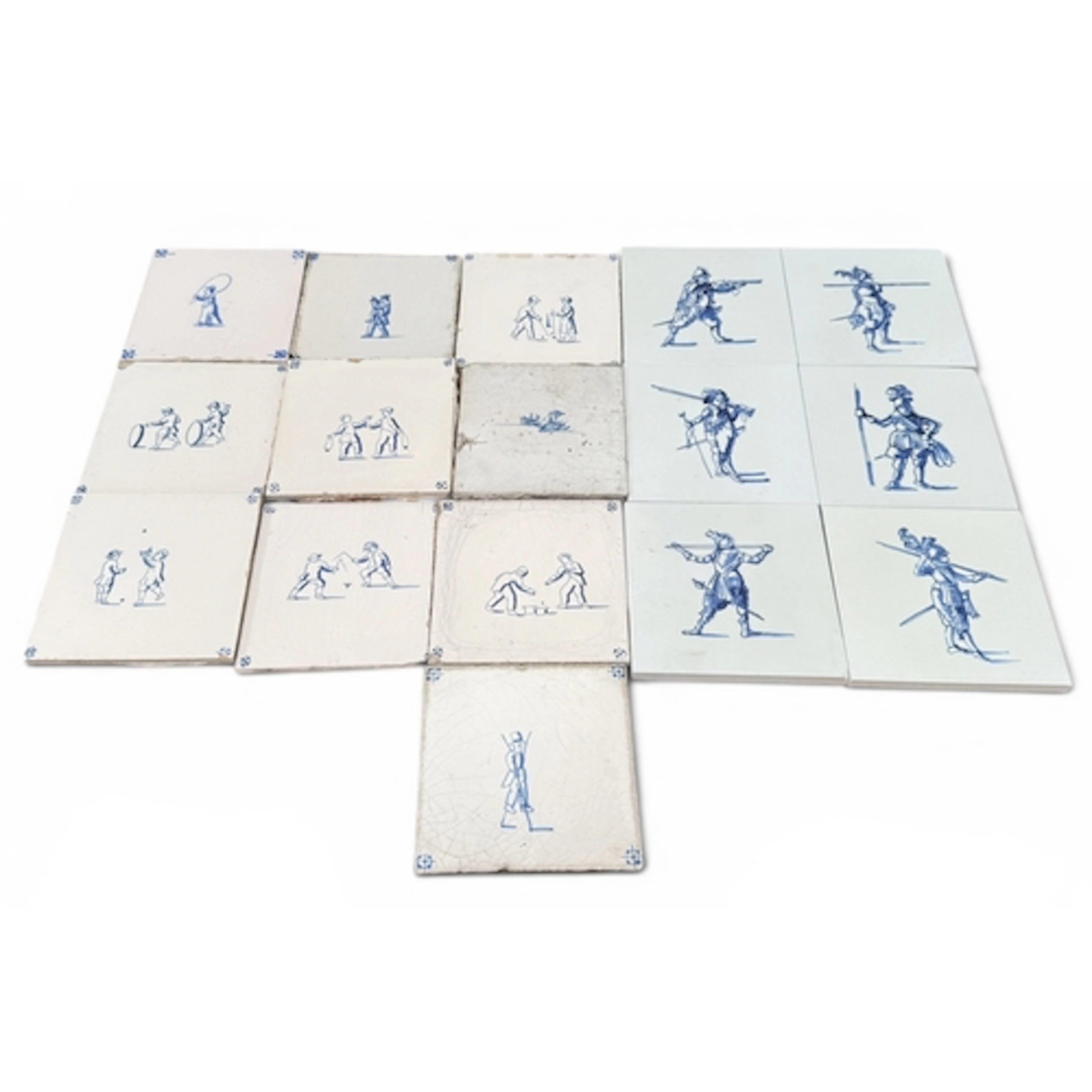 A COLLECTION OF 10 BLUE AND WHITE DELFT TILES DEPICTING FIGU...