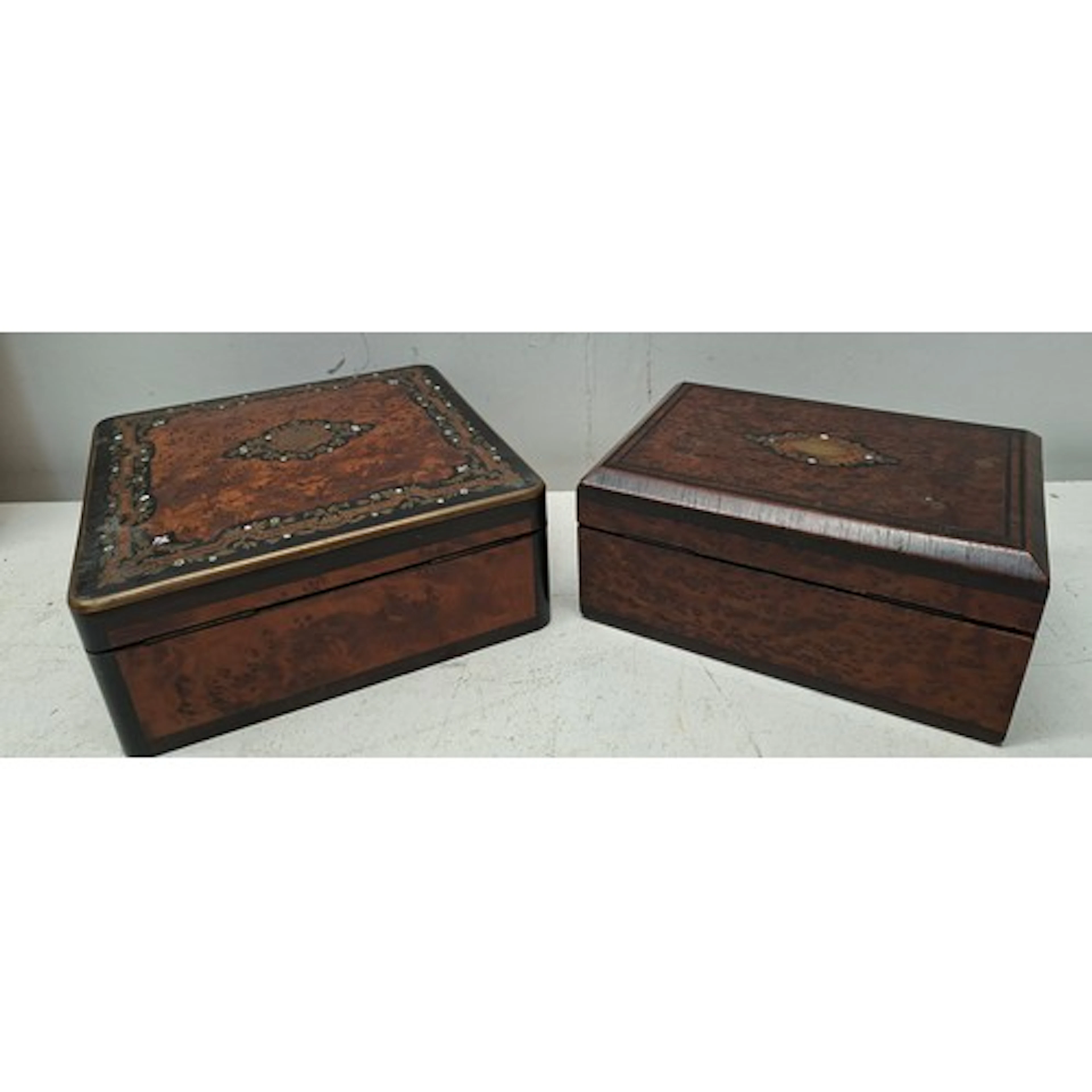 Two 19th Century French walnut jewellery boxes with cushione...
