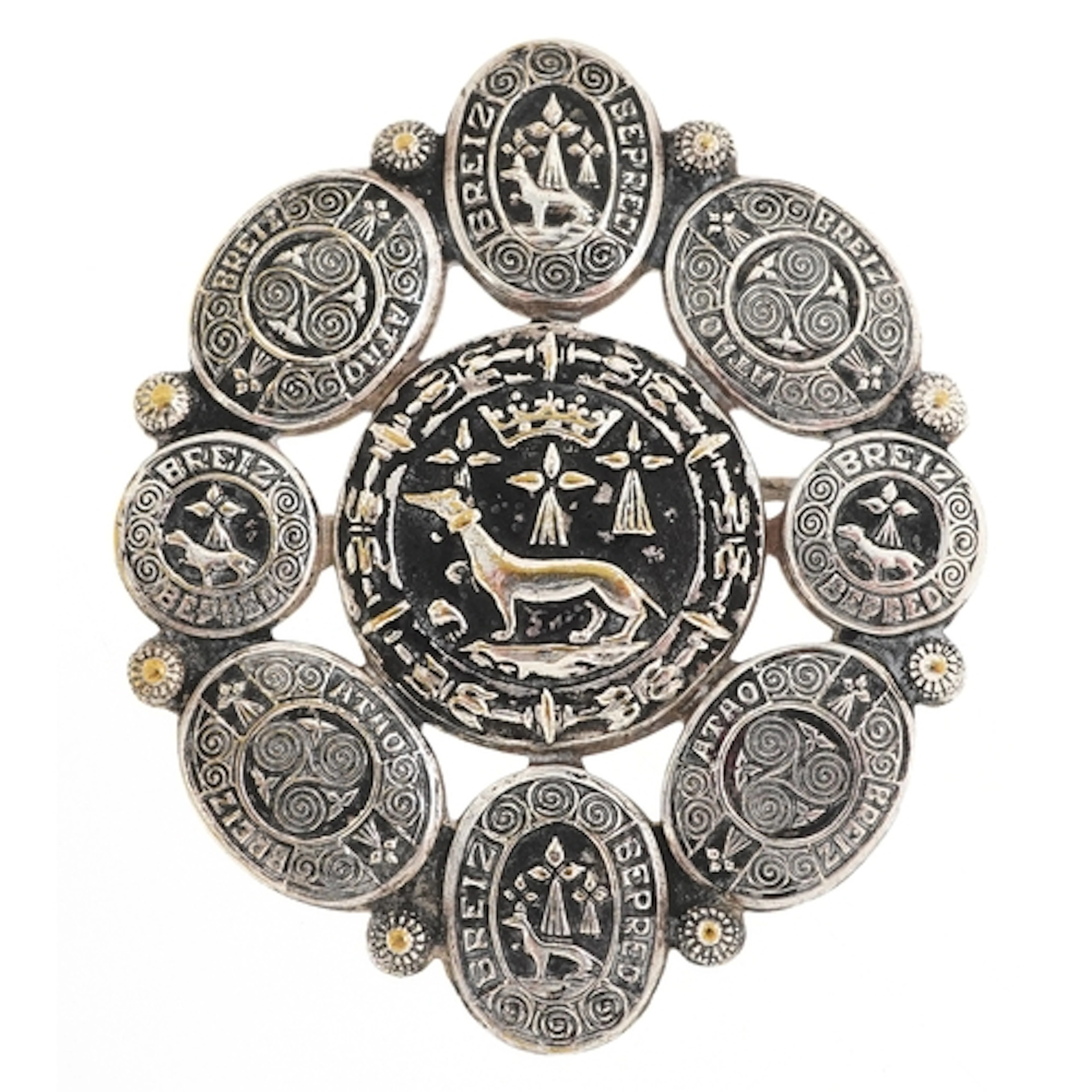 White metal Bijoux Bretons Kelt brooch, 5.3cm high, 14.0g.
