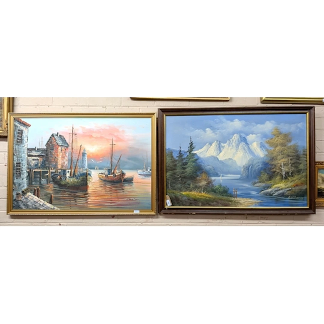 Large oil on canvas of a mountainous scene and another of a ...