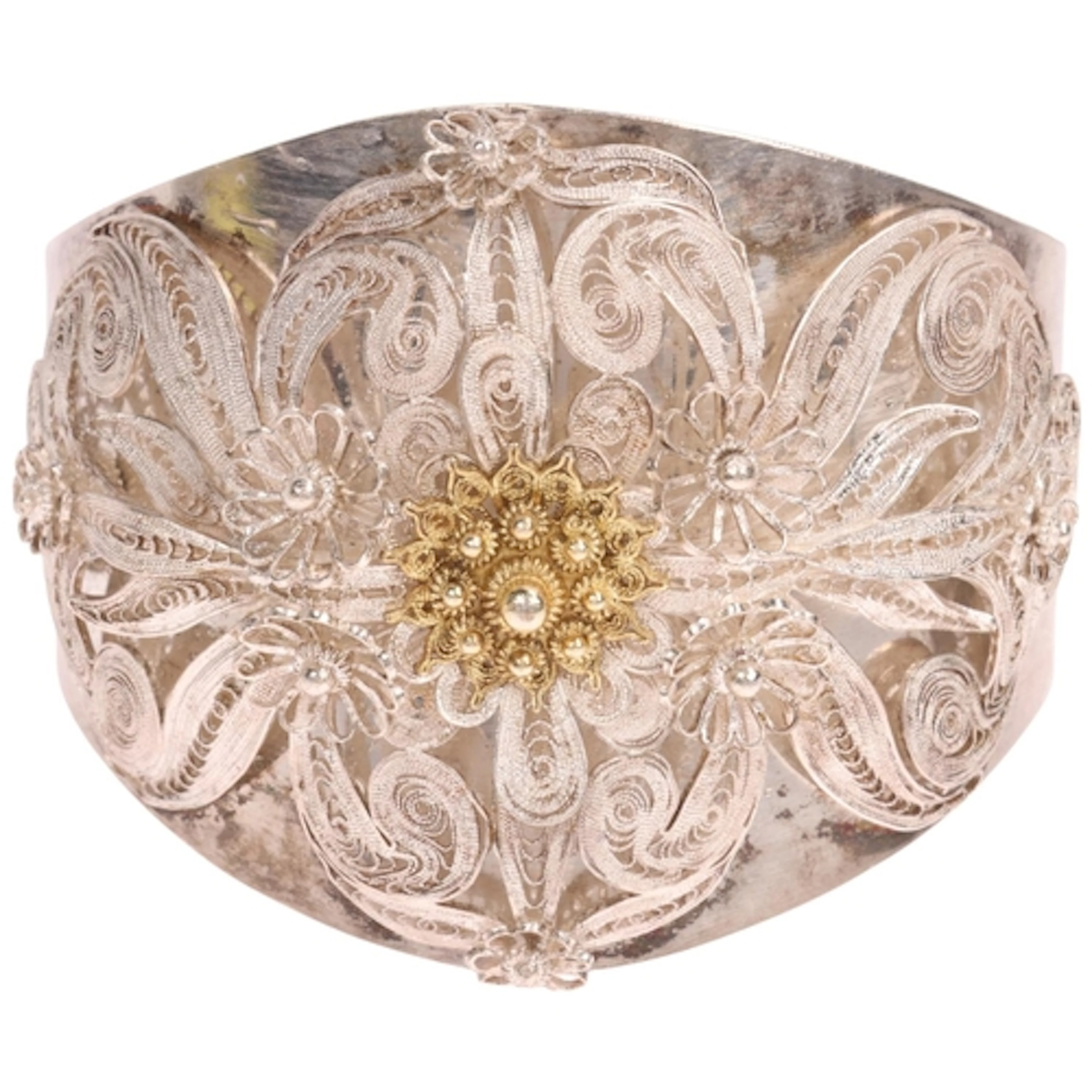 A Vintage Syrian silver filigree bangle, scrolled wirework f...
