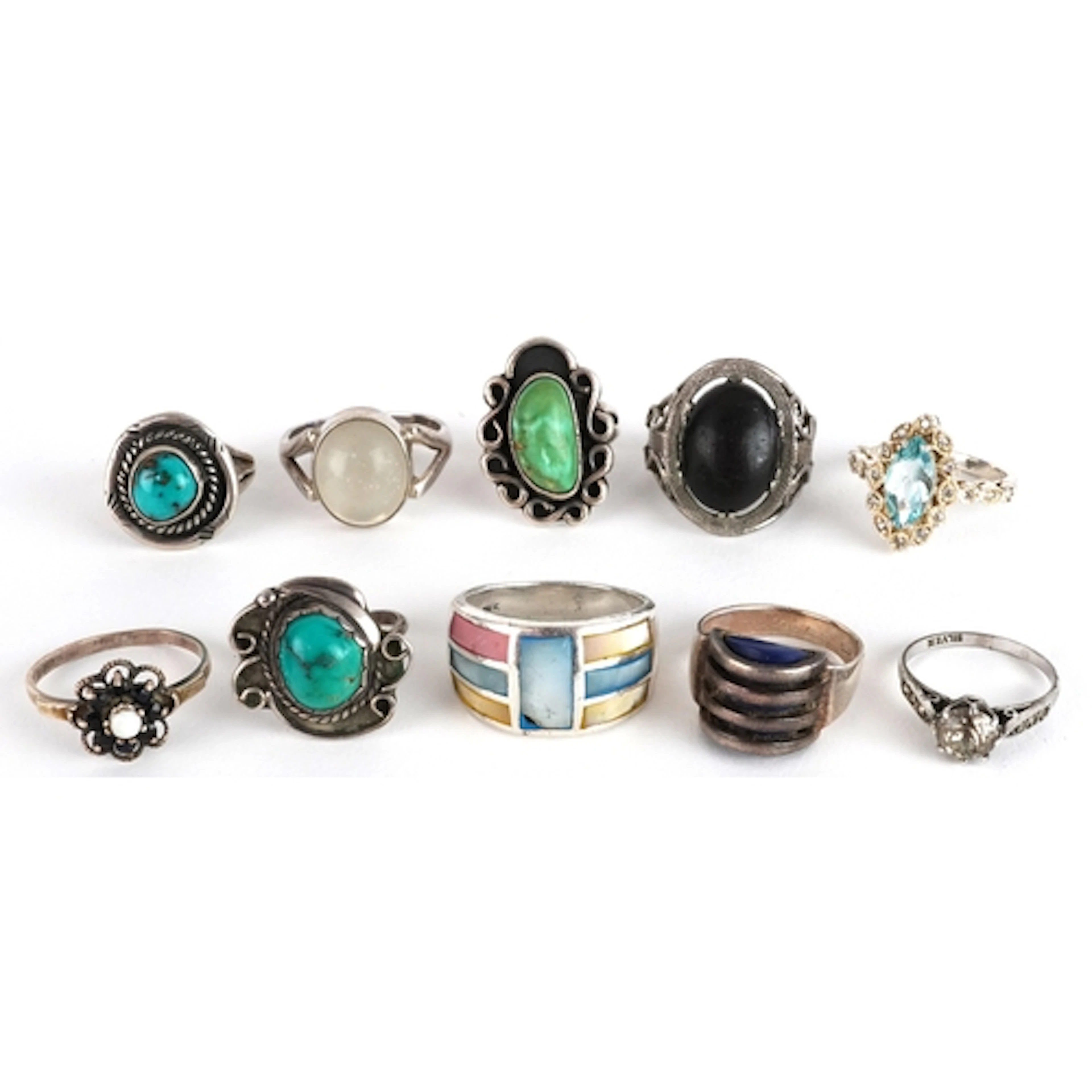 Nine silver rings set with semi precious stones together wit...