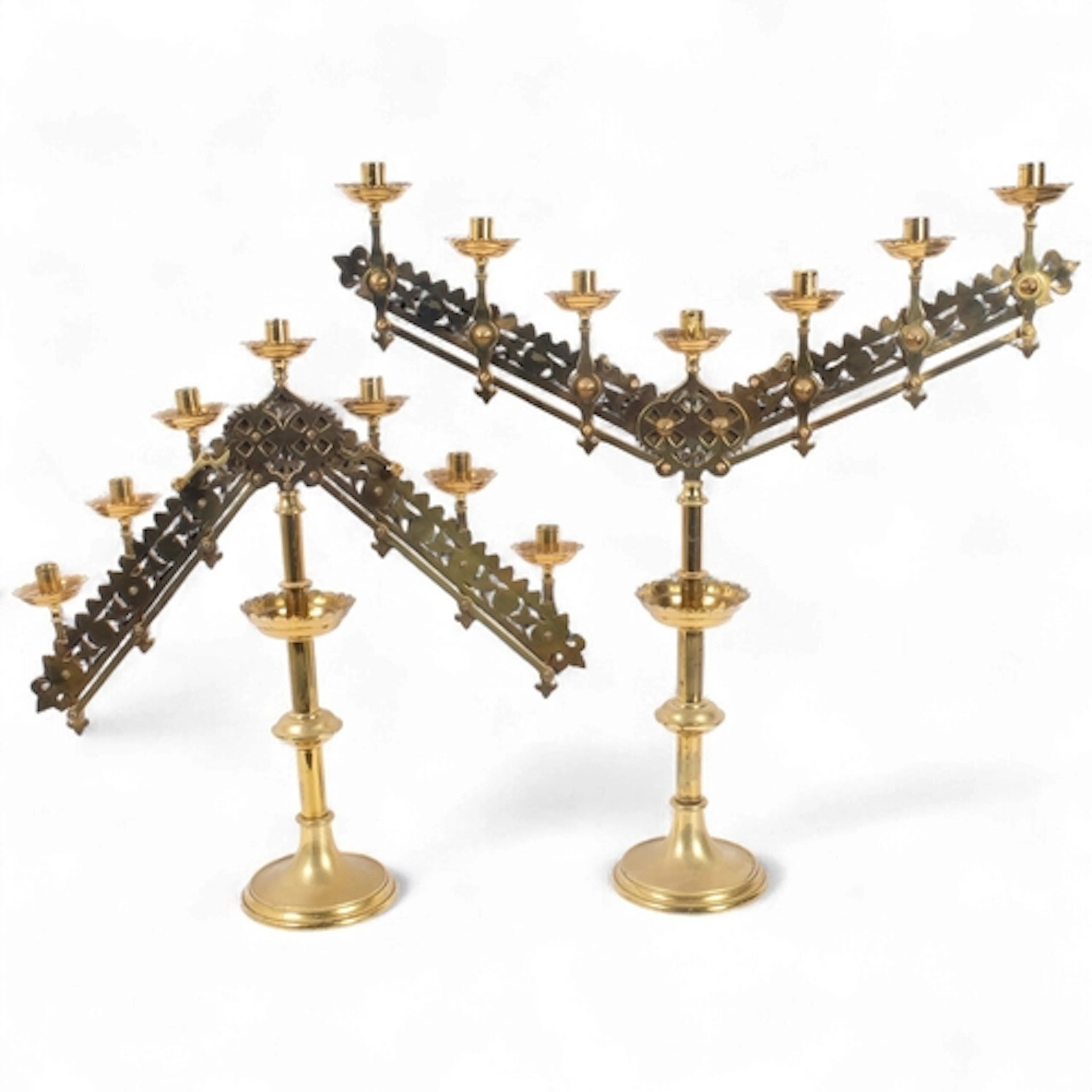 An impressive pair of Antique brass table candelabras, Gothi...