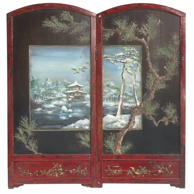 A JAPANESE LACQUER BI-FOLD SCREEN the arch top panels painte...