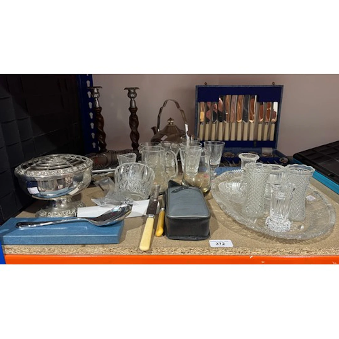 Glassware, column twist candlesticks, cased flatware, etc.
