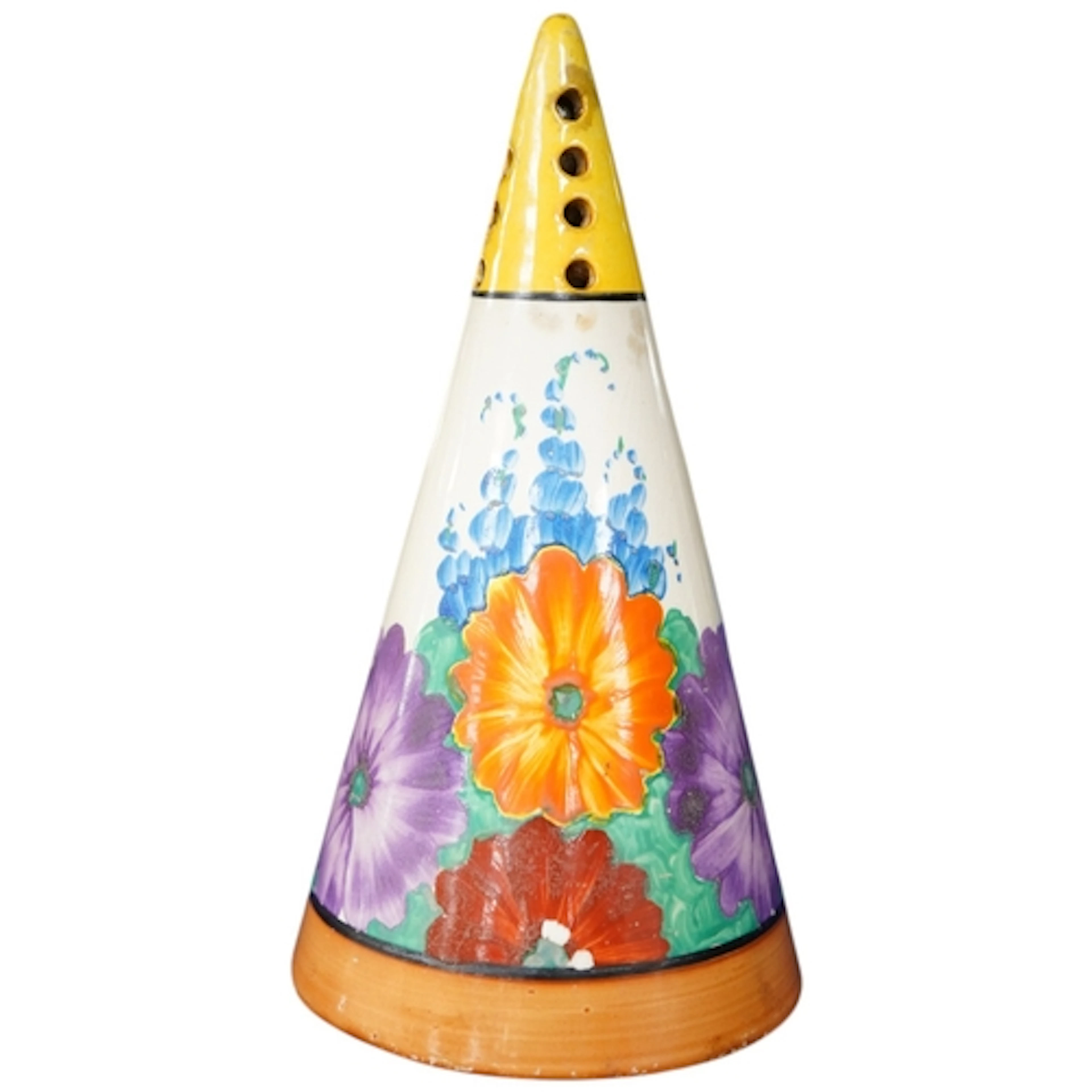 A Clarice Cliff Bizarre "Gayday" conical sugar sifter, heigh...