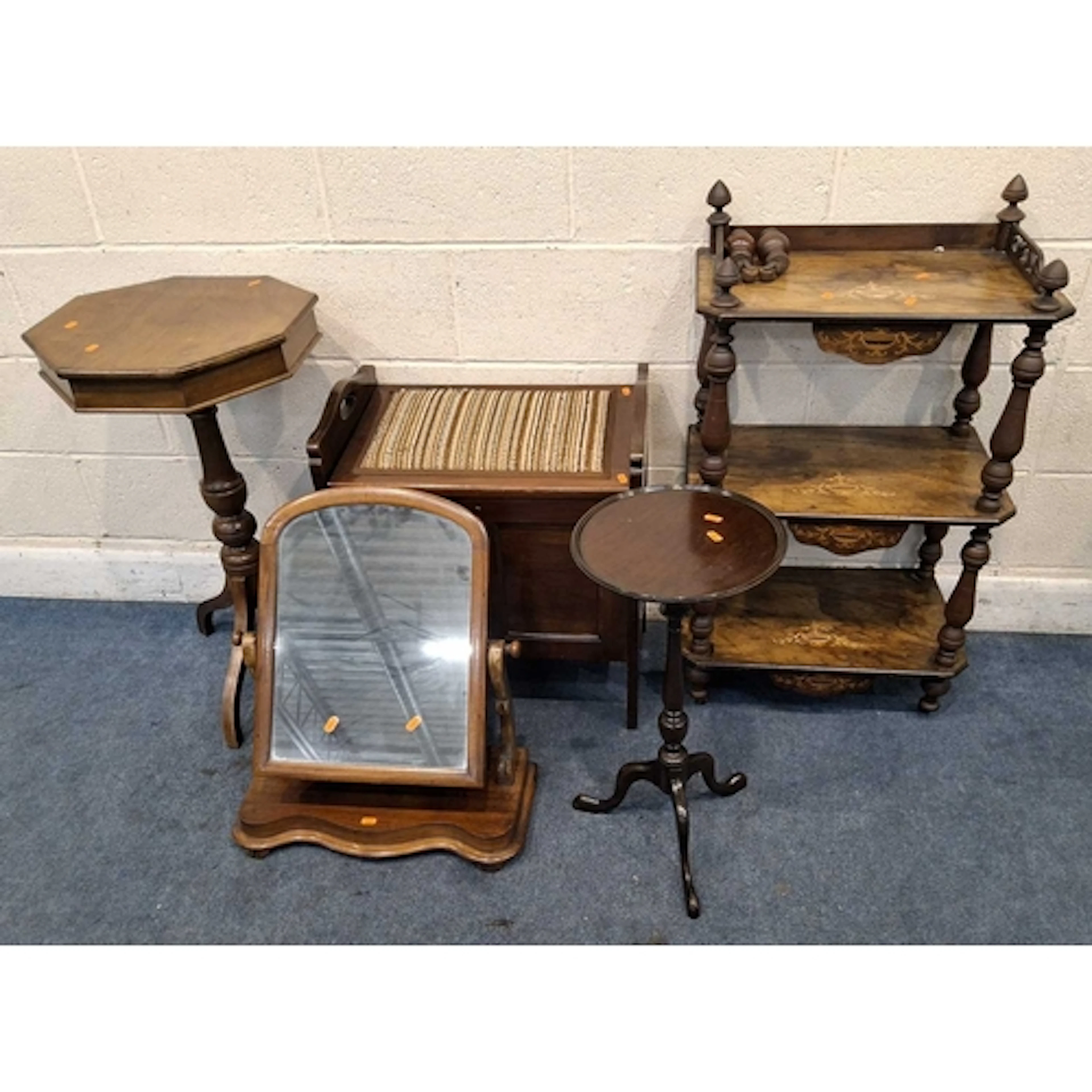 A 19TH CENTURY THREE-TIER WHAT-NOT, a tripod table, a stool,...