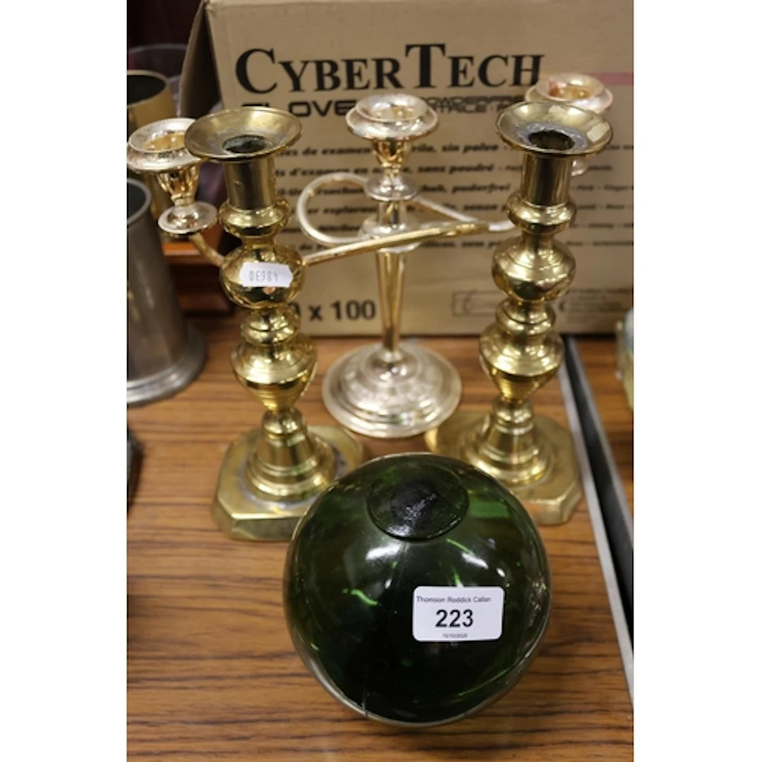 Brass candlesticks, a silver plated candelabra, etc.