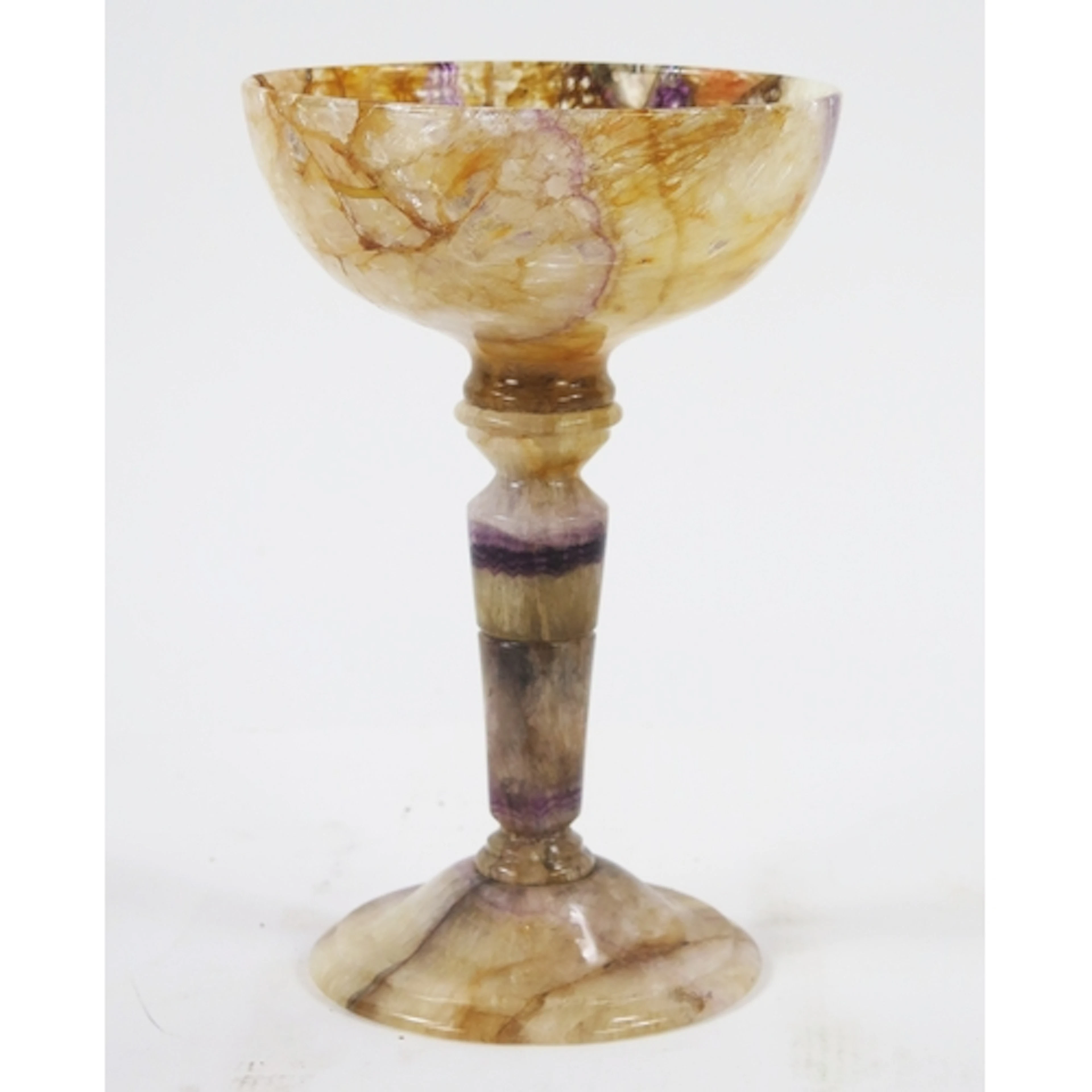 A blue john goblet, with plain circular bowl on a knopped an...