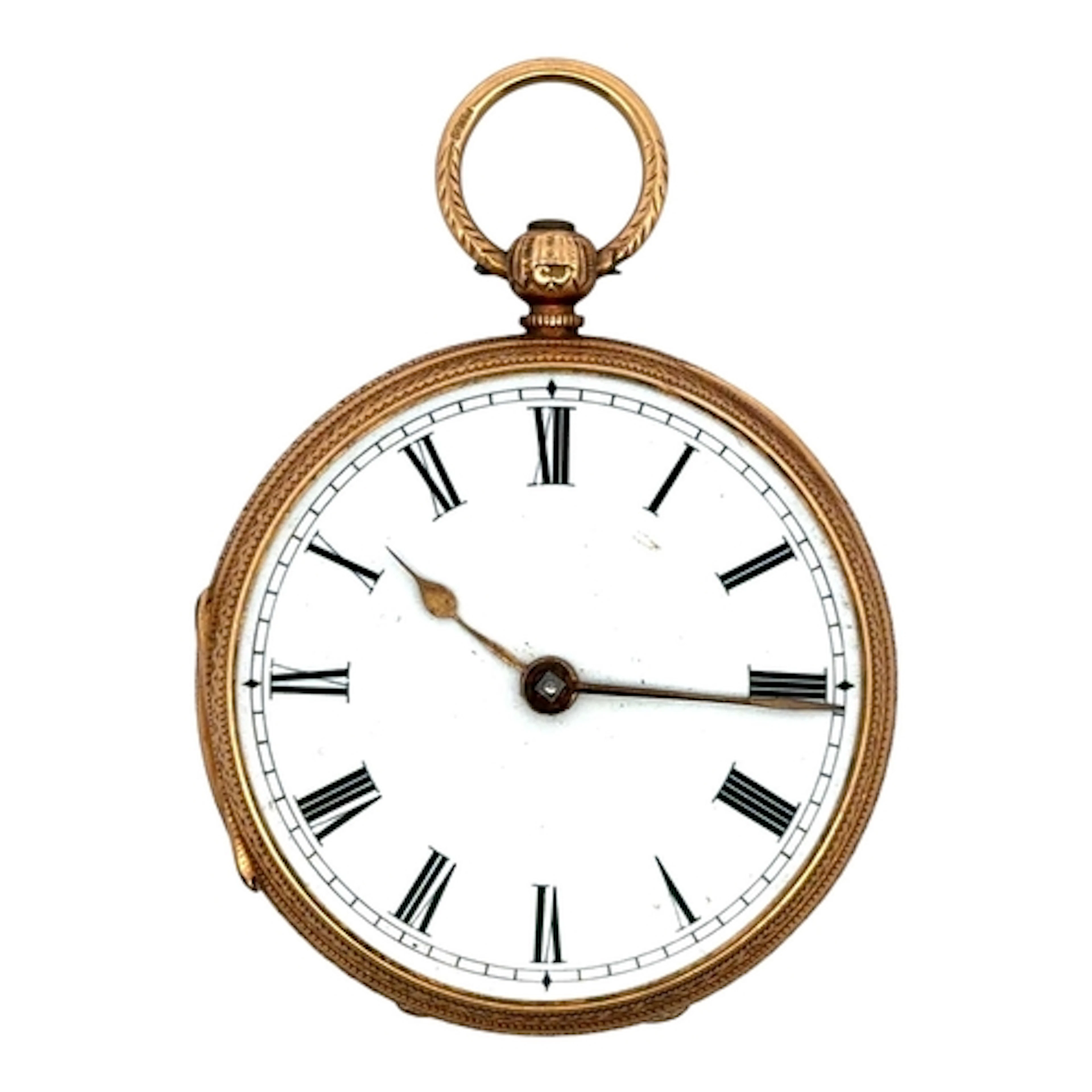 18CT GOLD KEYWIND POCKET WATCH. with white enamel Roman dial...