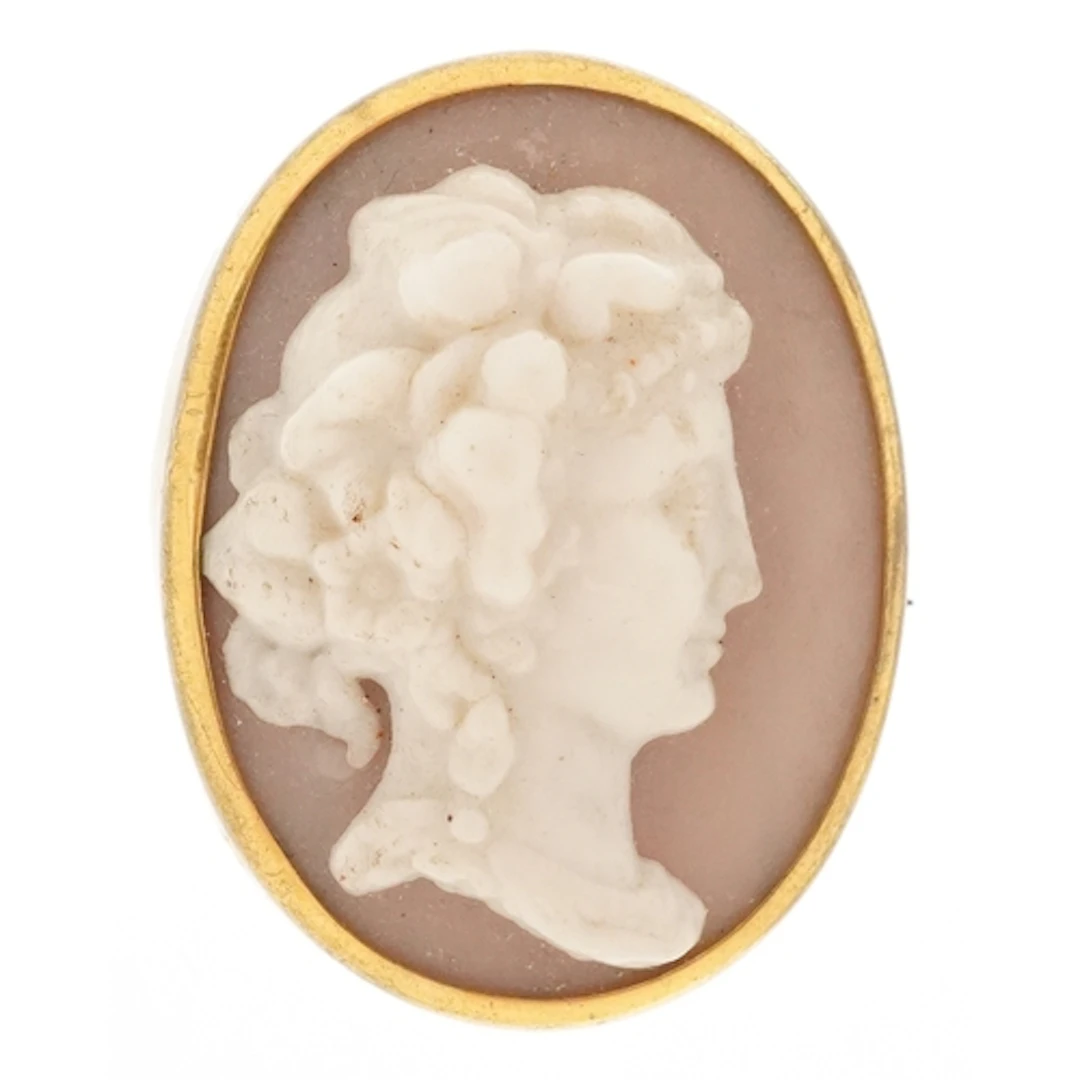 Vintage cameo shell brooch carved with a maiden head, with y...