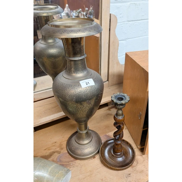 A Benares brass vase together with an oak barley twist candl...