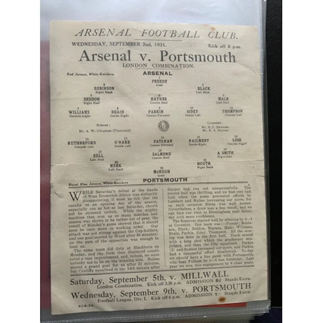 Arsenal 1931 - 1932 Home Reserve Football Programmes: 16 res...