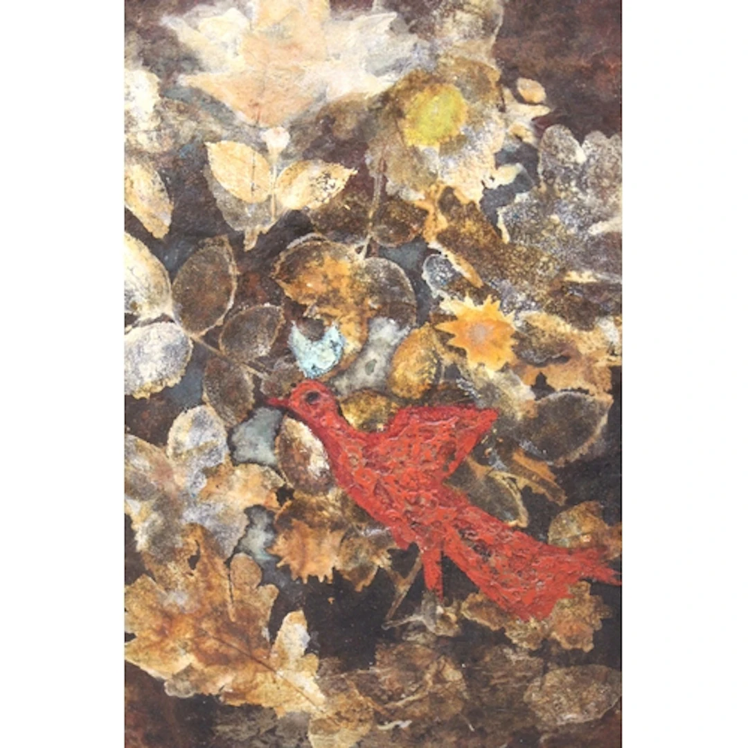 Oil on board, stylised study of bird and foliage, inscribed ...