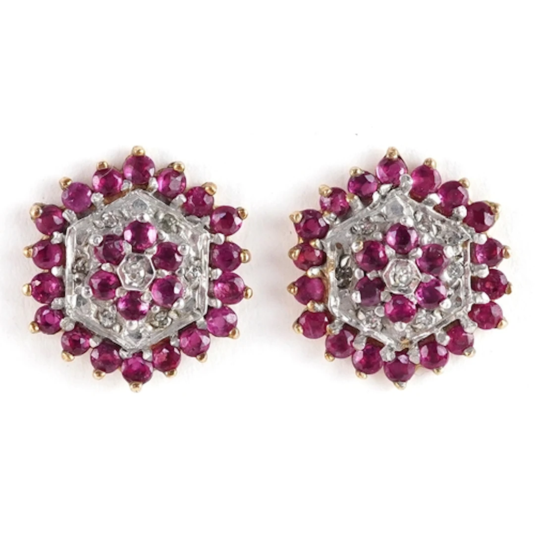 Pair of 9ct gold, diamond and pink spinel cluster stud earri...