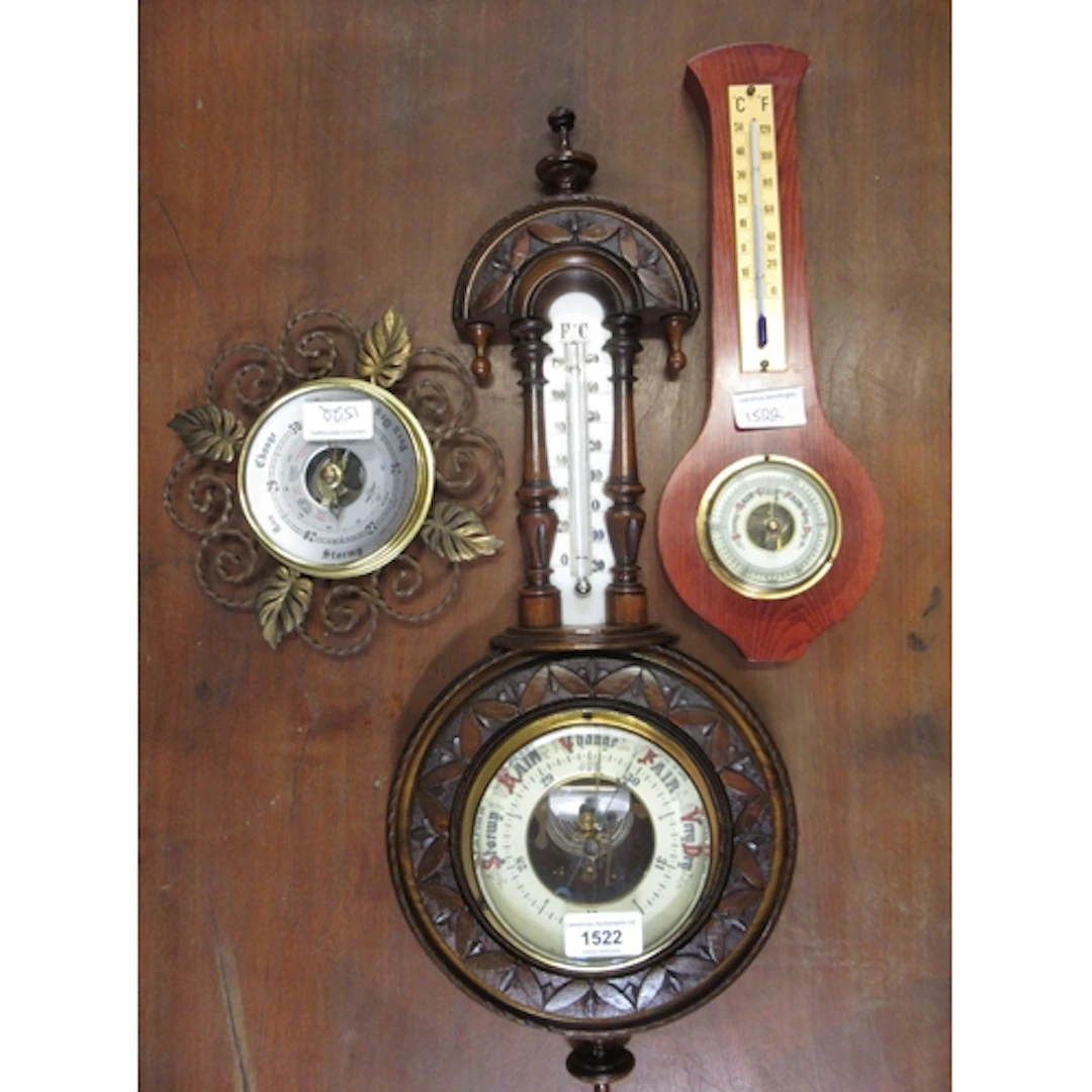 Early 20th Century walnut aneroid barometer / thermometer, t...