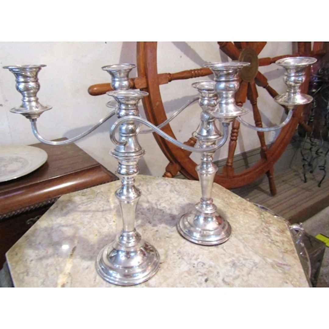 Pair of Old Sheffield Plate Three Sconce Table Candelabras P...