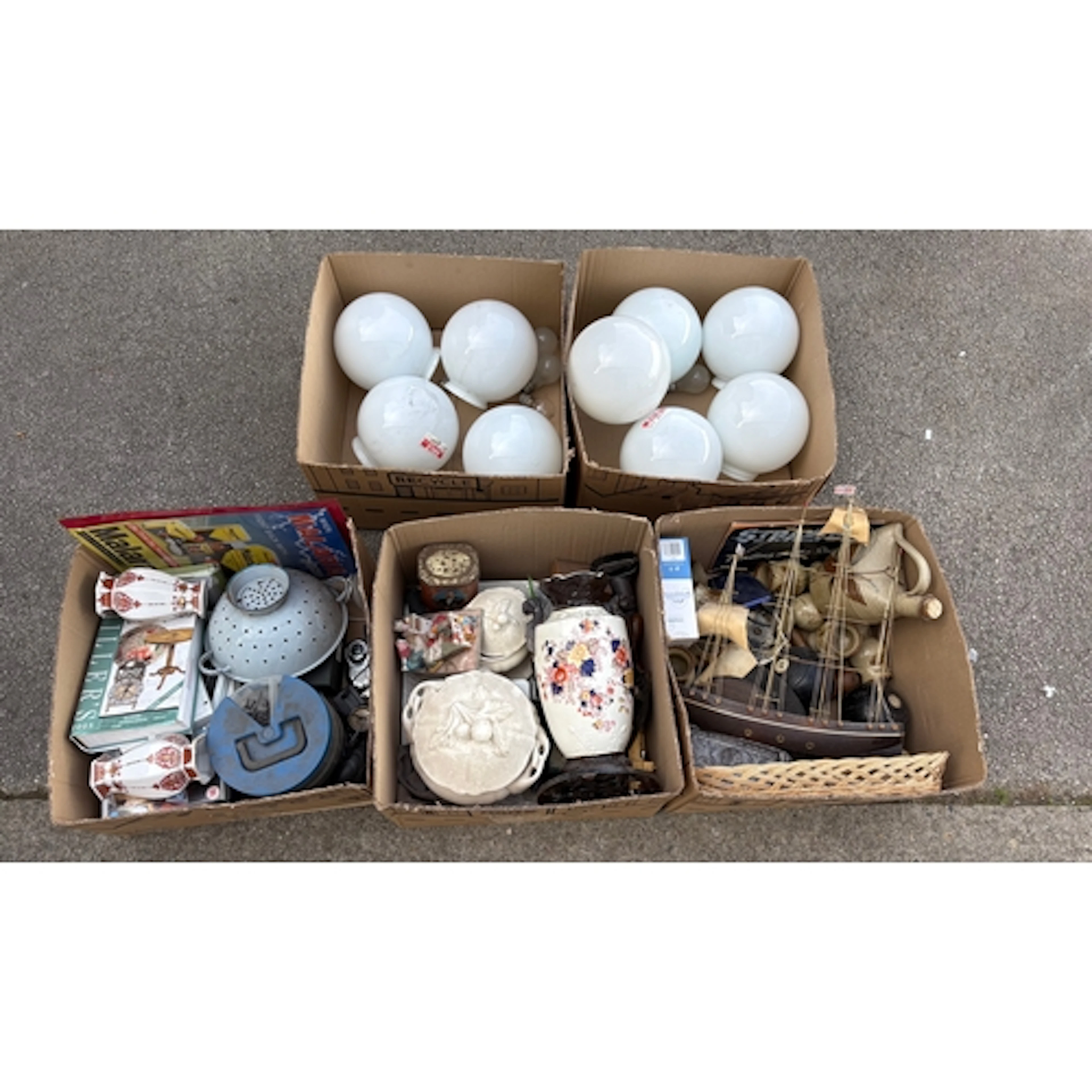 Five boxes of misc collectables to inc lamp shades etc (5)