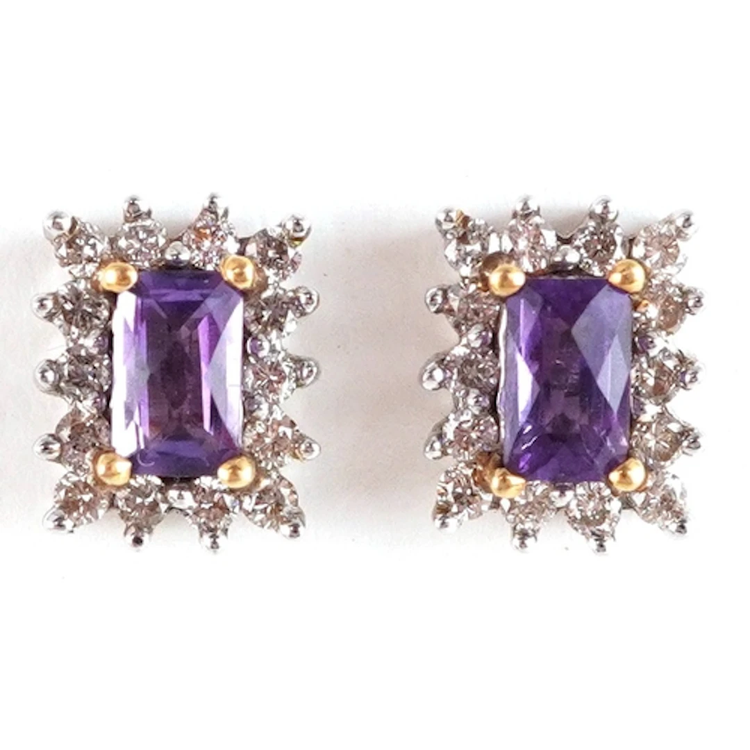 Pair of 10K gold amethyst and diamond stud earrings, 8.8mm h...