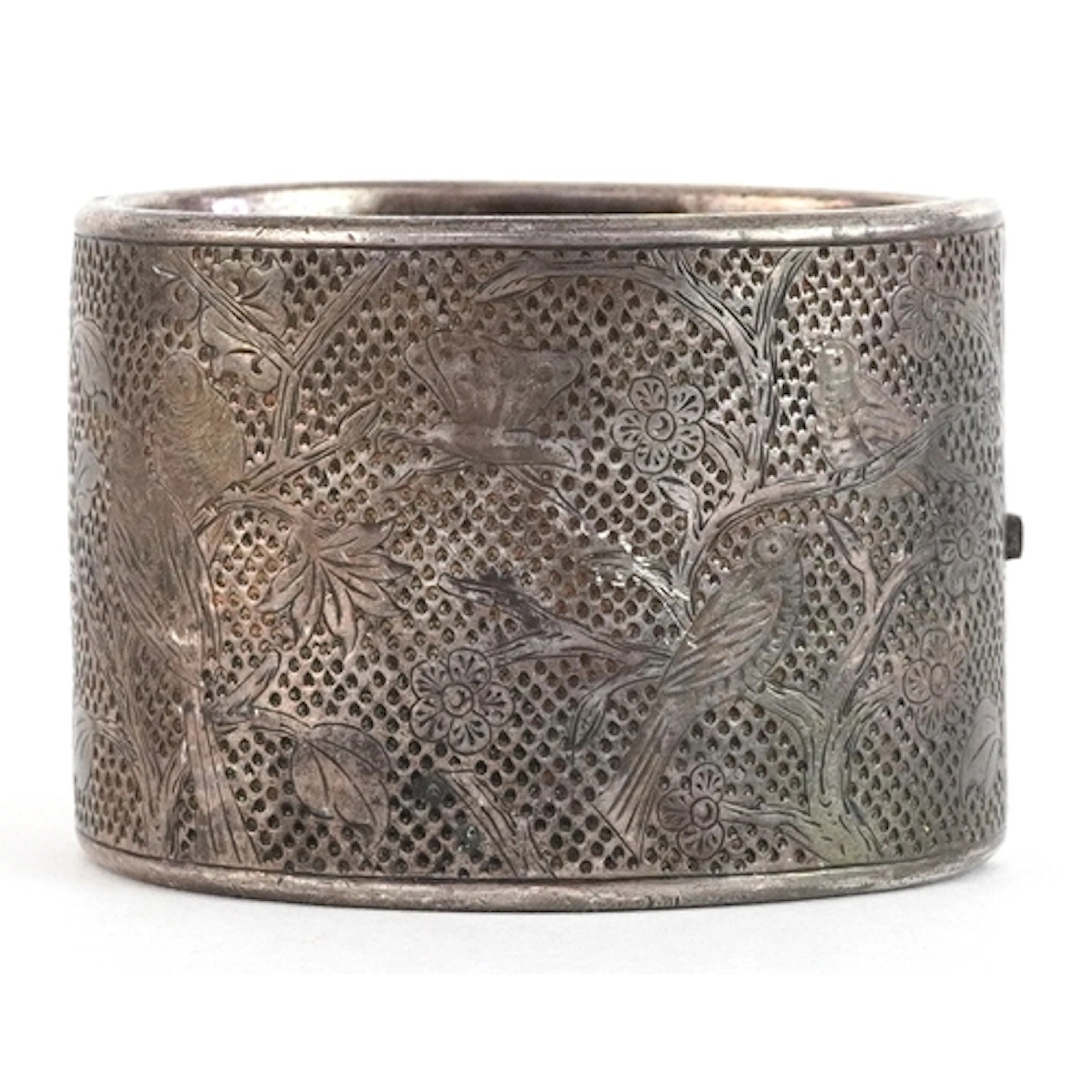 Victorian unmarked silver hinged cuff bangle engraved with b...
