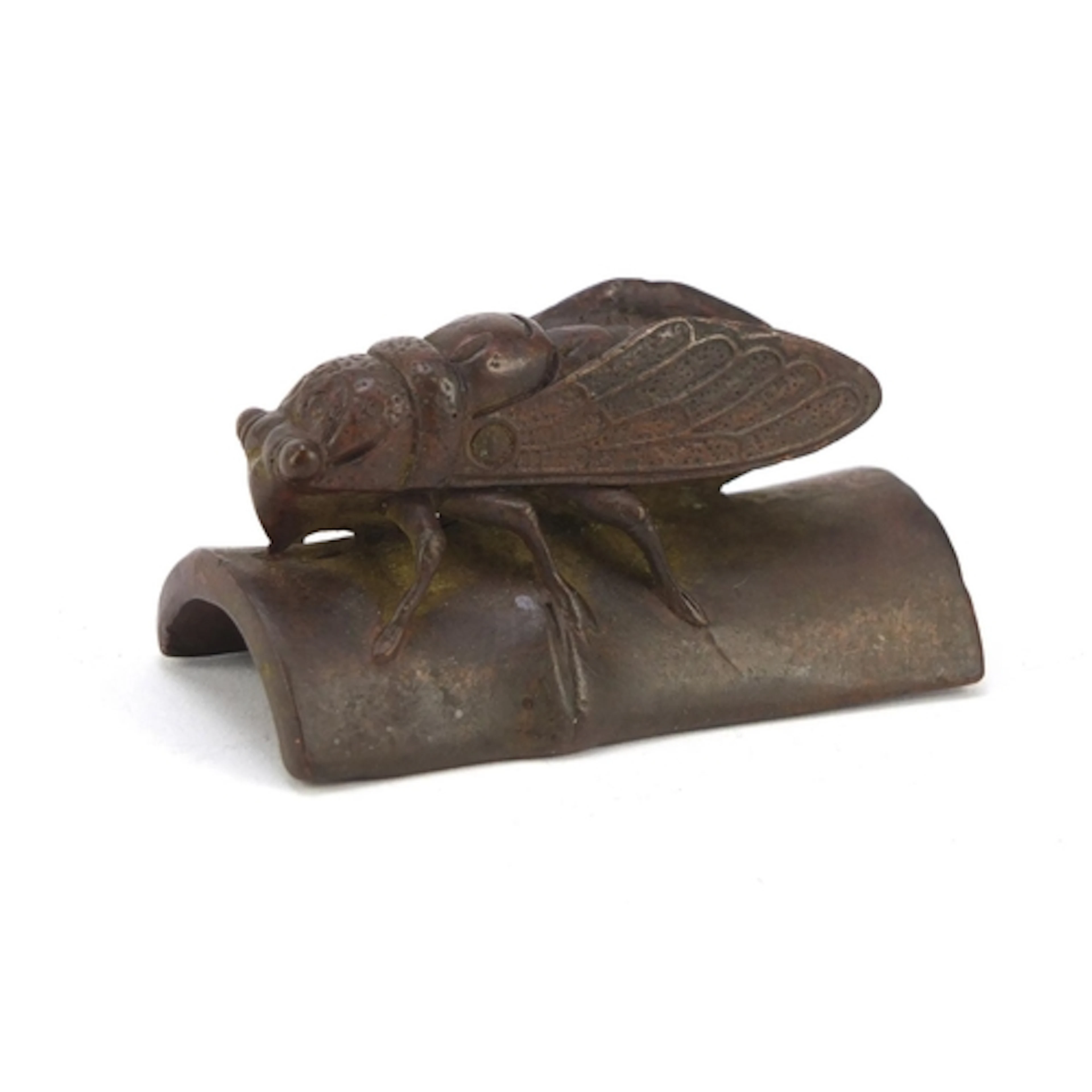 Japanese patinated bronze model of a fly perched on a roof t...