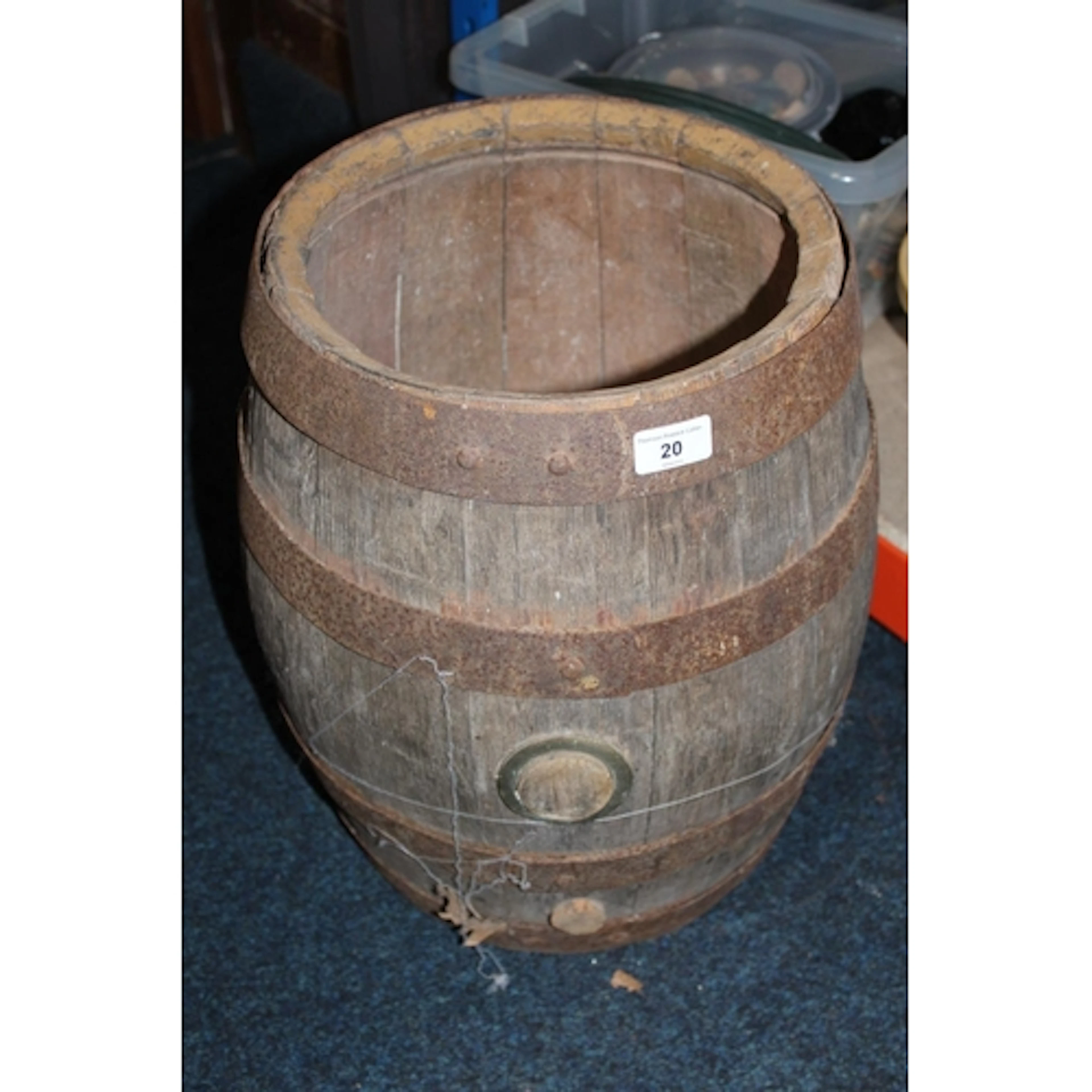 Coopered oak cask, 42cm tall. Provenance: Oxshott Pott...
