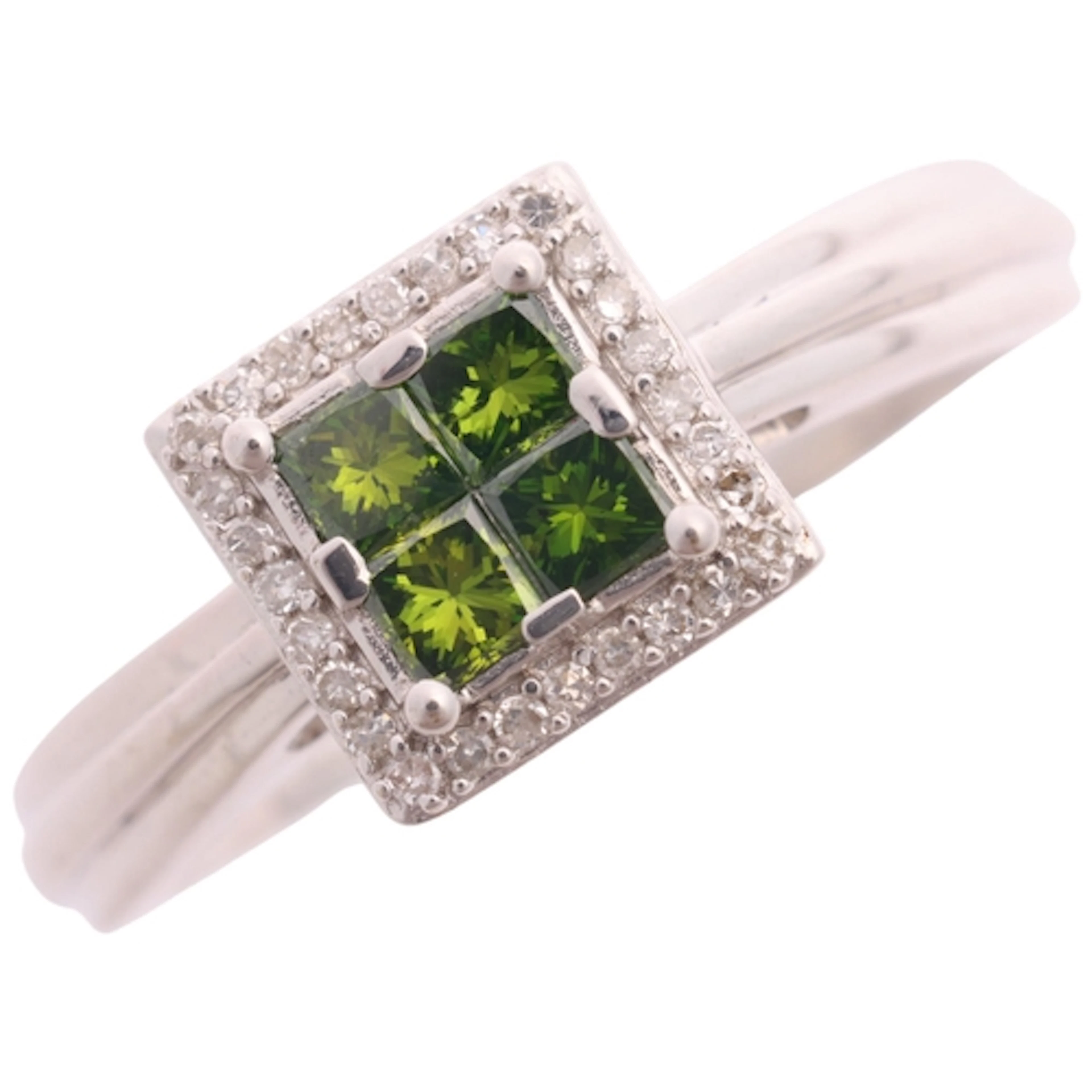 A 9ct white gold green diamond and diamond square cluster ri...