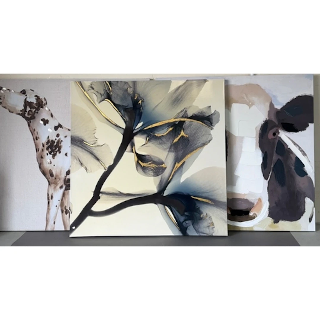 Three contempary art canvas, featuring cows, a dog and abstr...