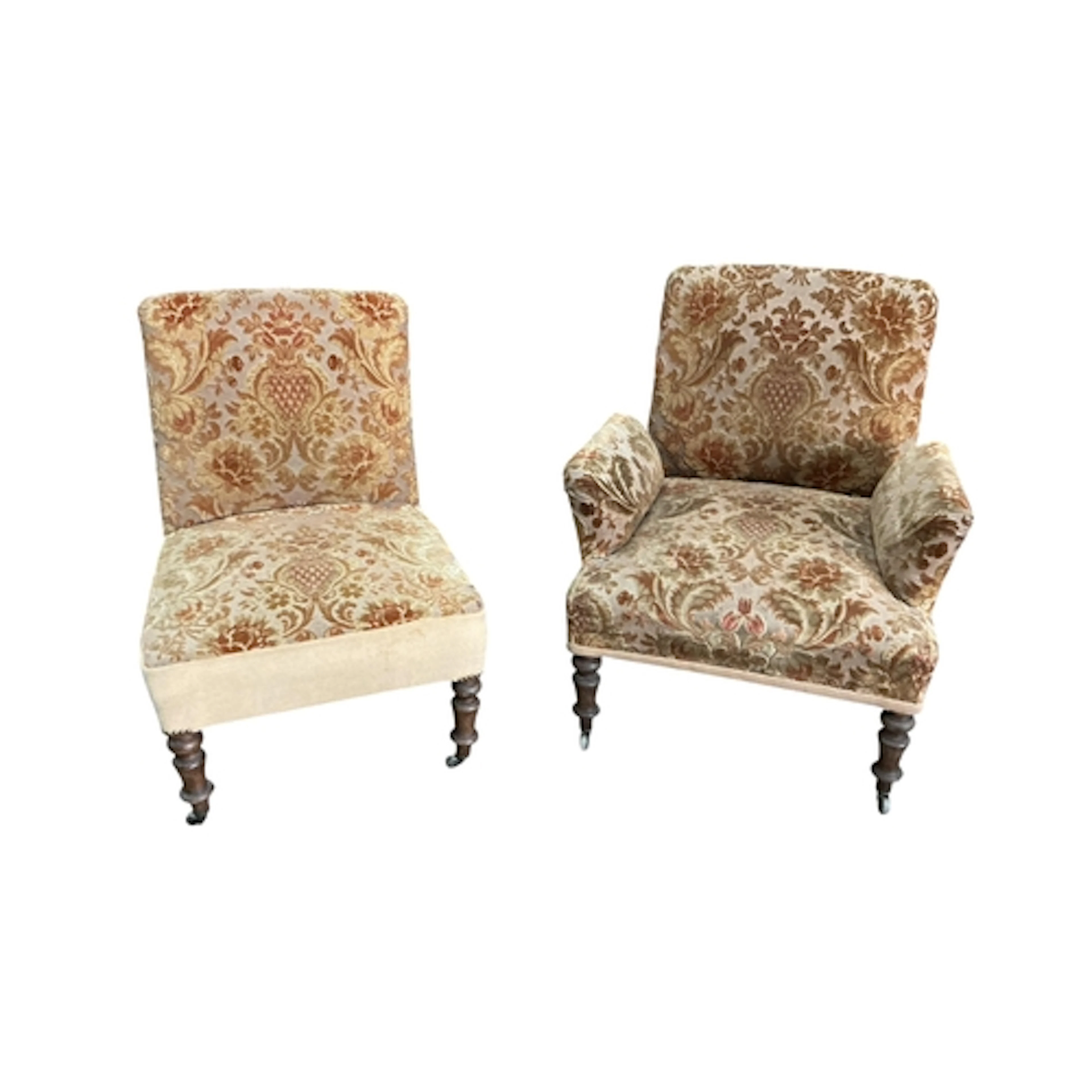 A pair of 19th century French upholstered chairs, one with a...