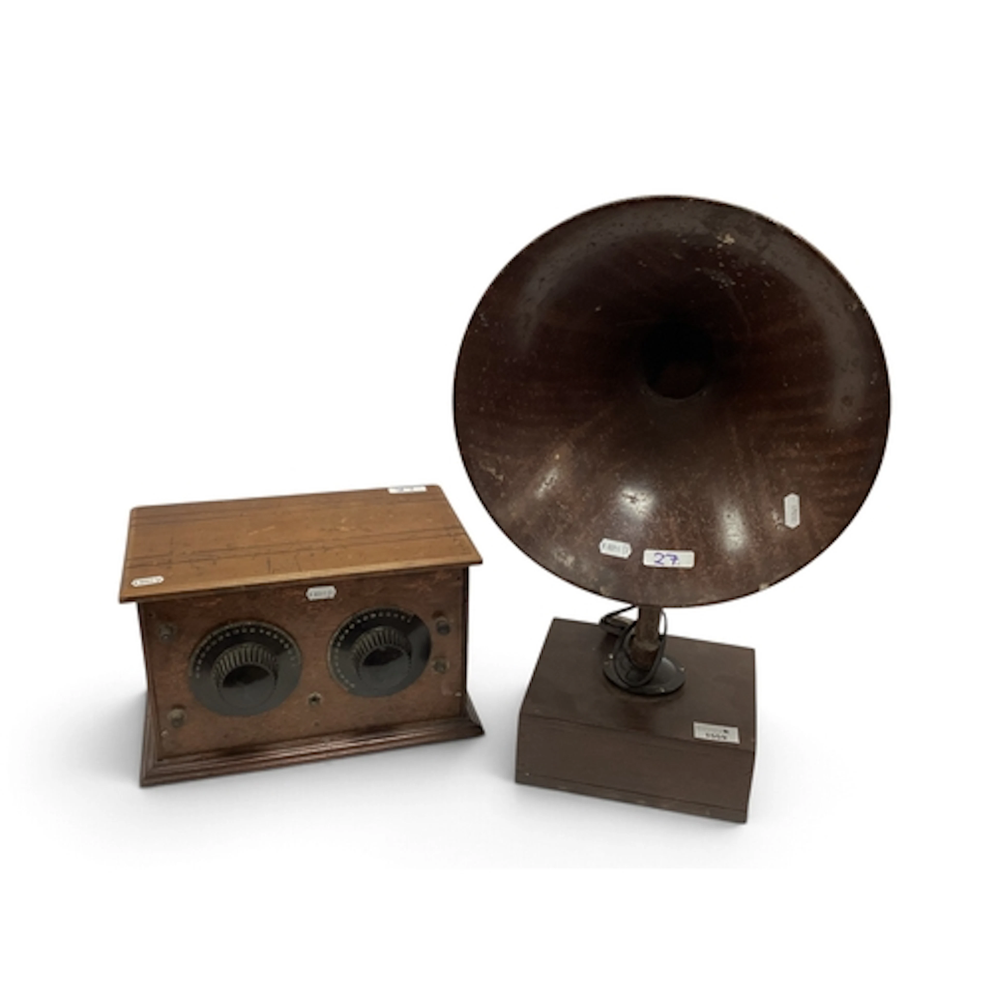 A Wooden-Cased 1920s Radio Receiver, with twin graduated tun...