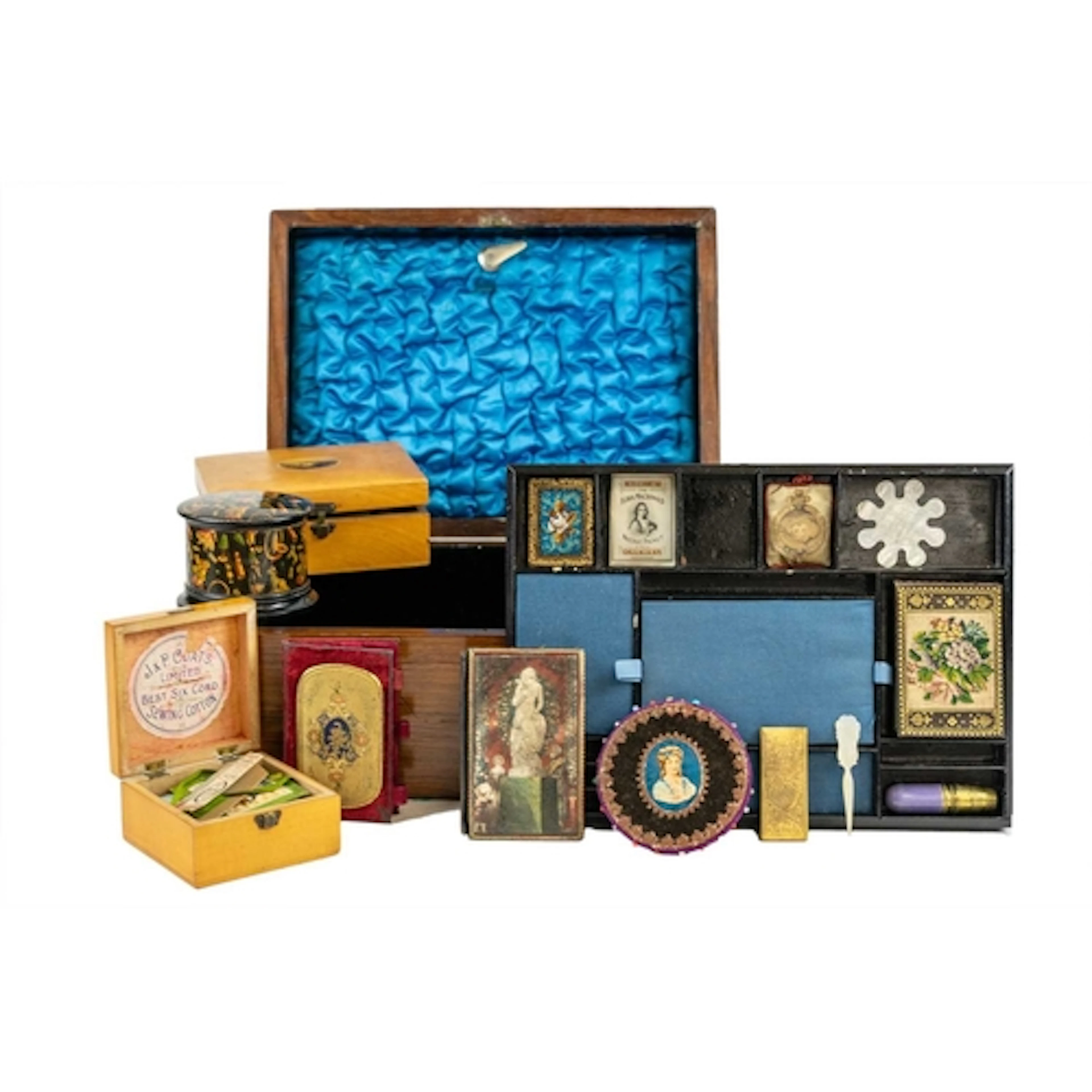 Sewing Accessories. A Victorian blue silk lined work box and...