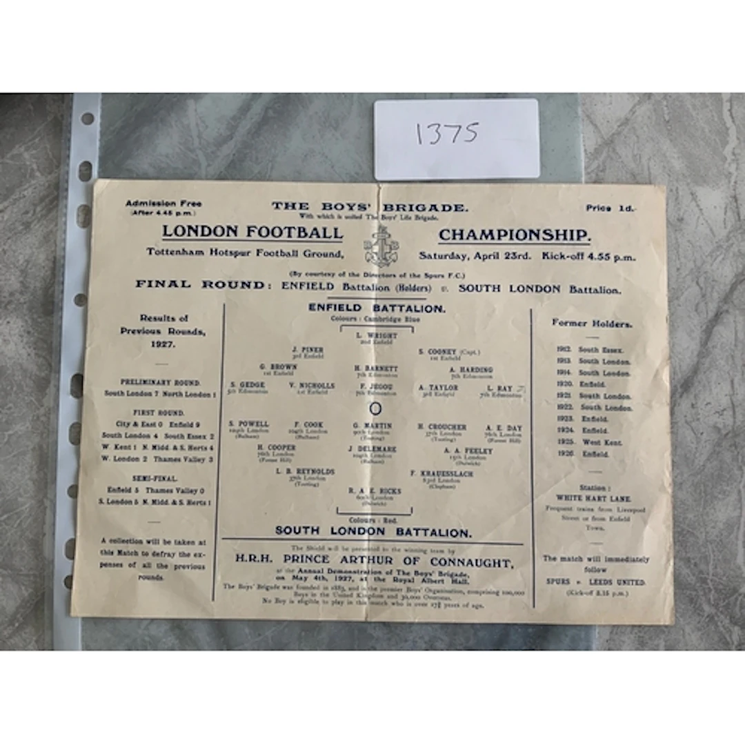 1927 Battalion Football Teams Football Programme At Tottenha...