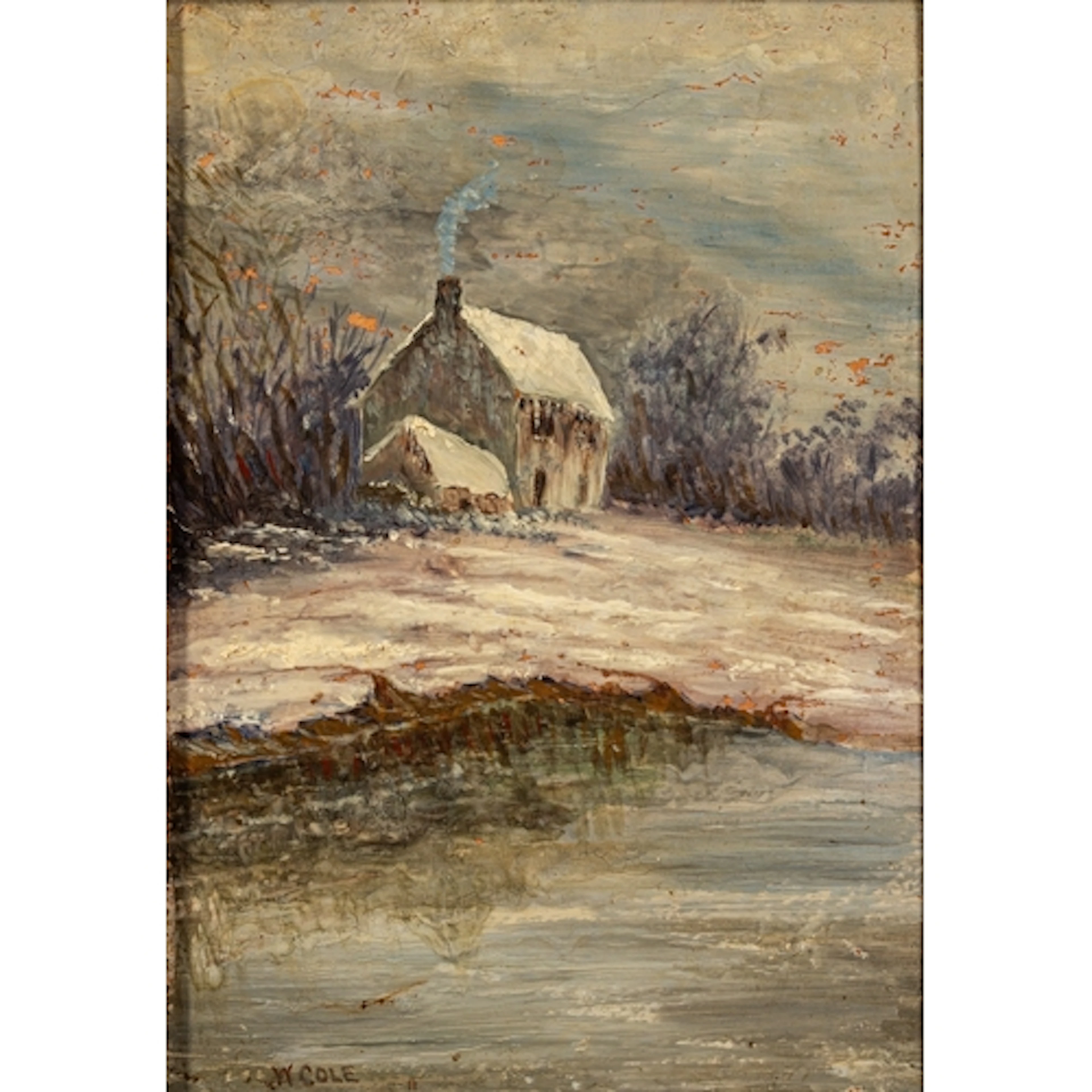 W Cole (19th Century school) - A country cottage in the sno...