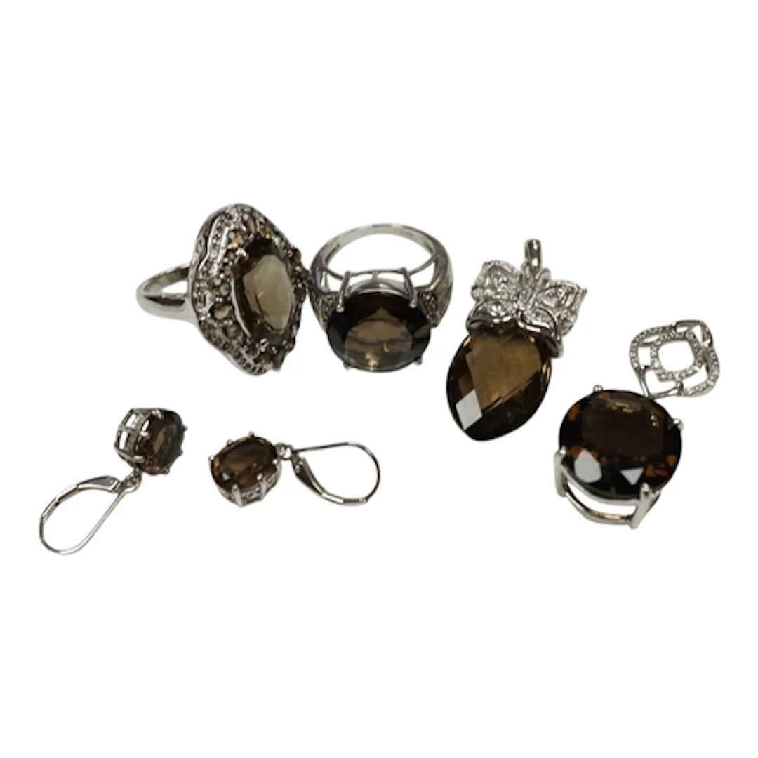 A collection of recent 925 and smoky quartz jewels, to inclu...