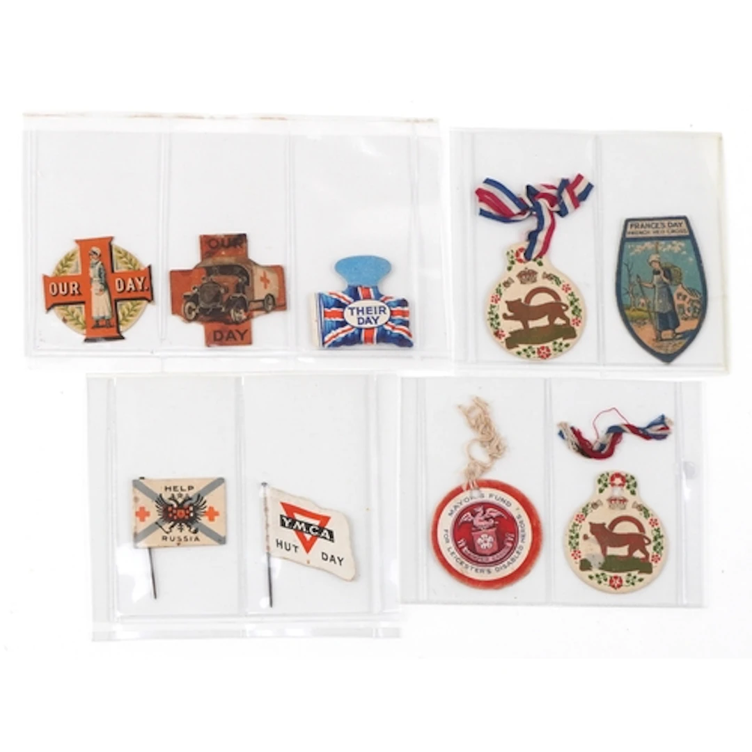 Rare military interest World War I pin badges and flags, (so...