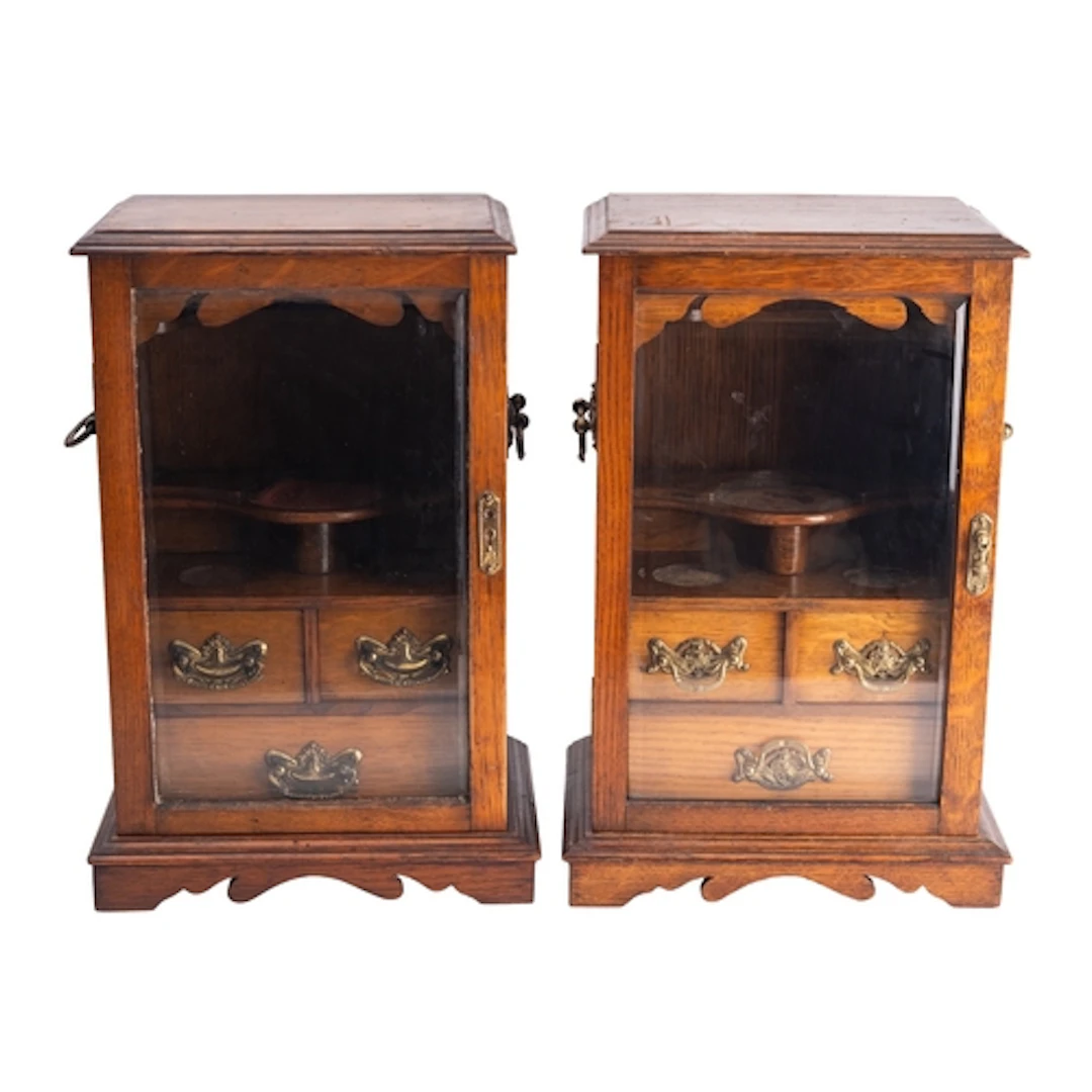 Two very similar oak table-top smoker's cabinets, circa 1900...