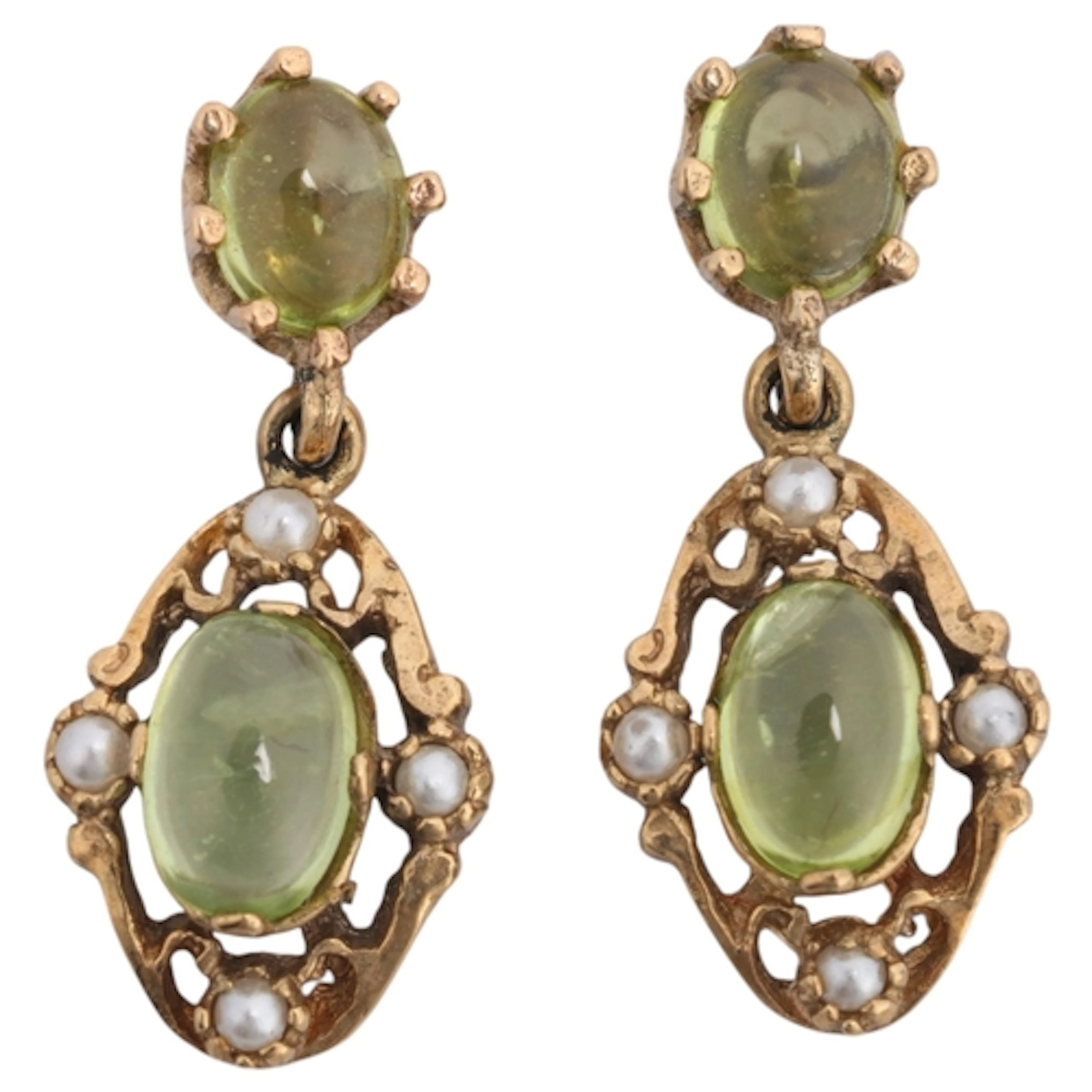 A pair of 9ct gold peridot and pearl drop stud earrings, in ...