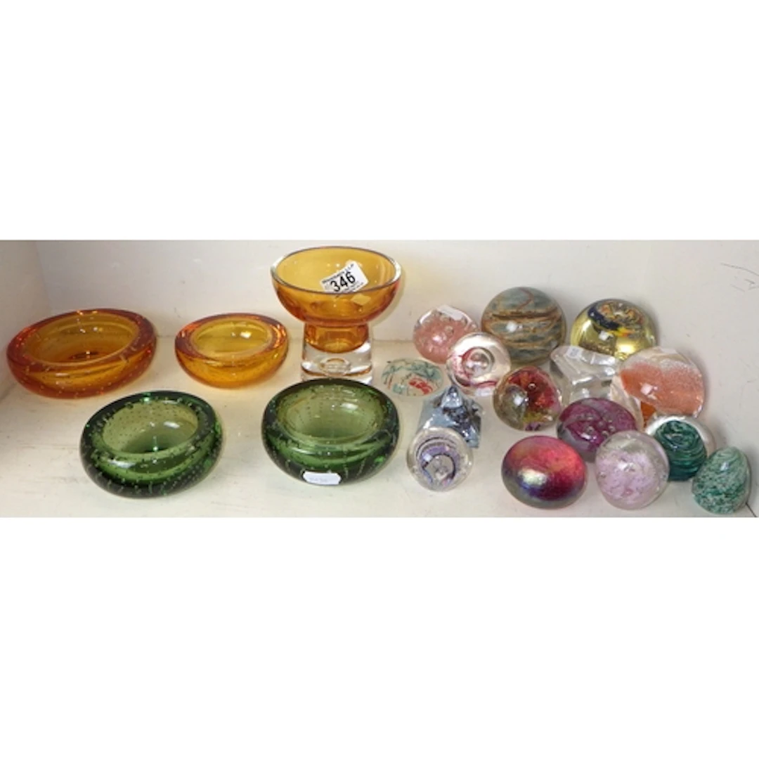 A qty of misc glass paperweights & control bubble bowls