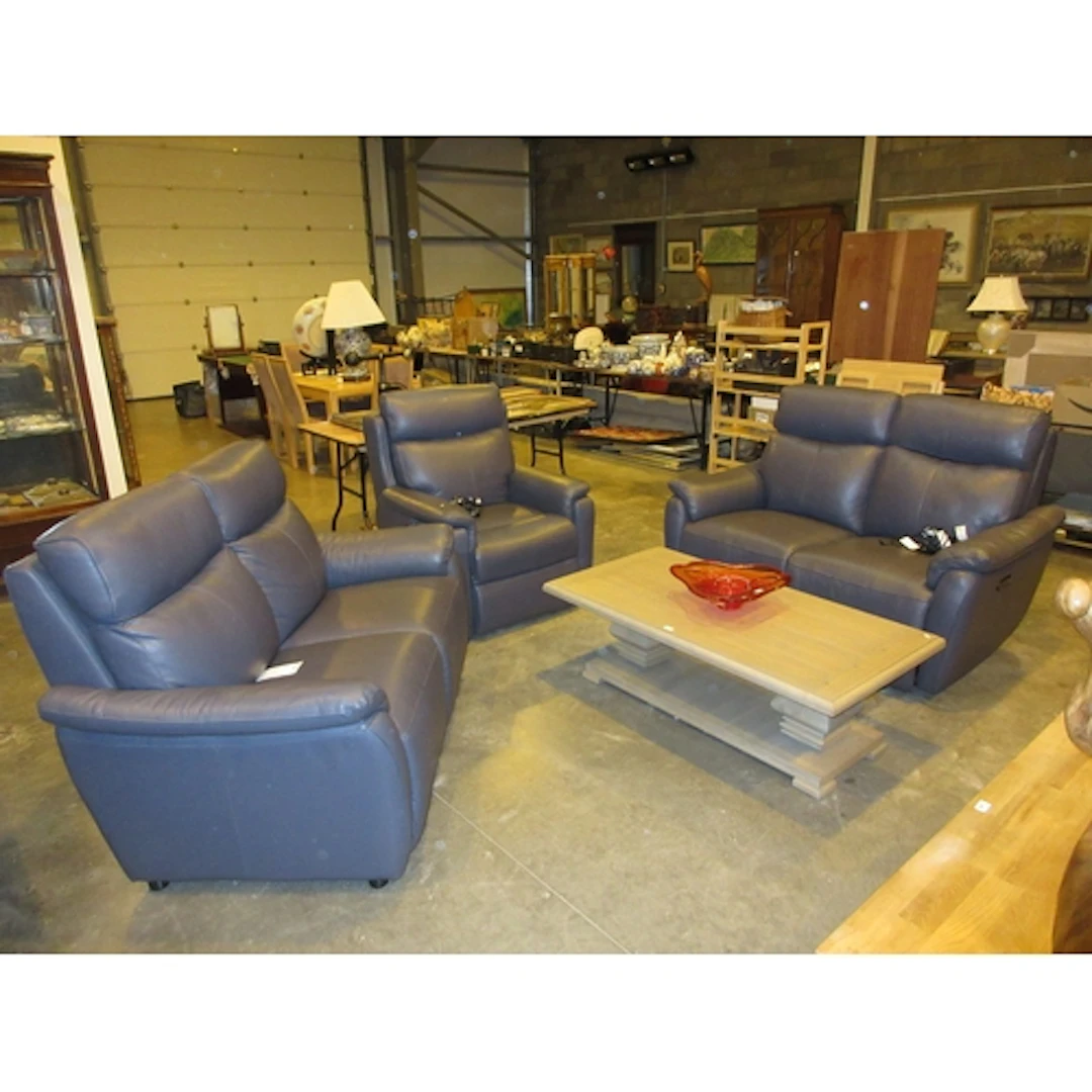 Modern Blue Leather 3 Piece Lounge Suite Comprising Electric...